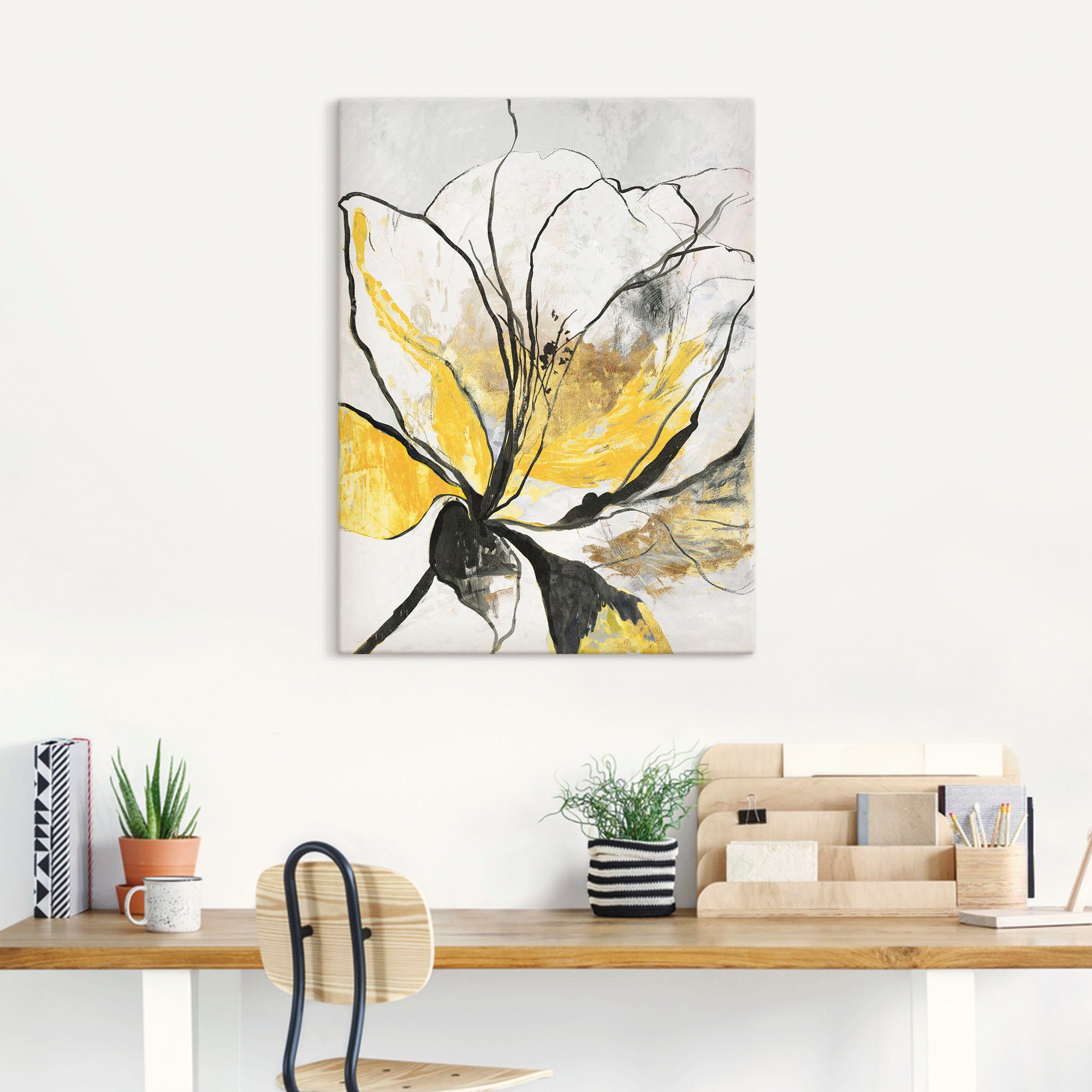 Artland Artprint Geschetst bloemdessin I gele versie als artprint van aluminium, artprint voor buiten, artprint op linnen, poster, muursticker
