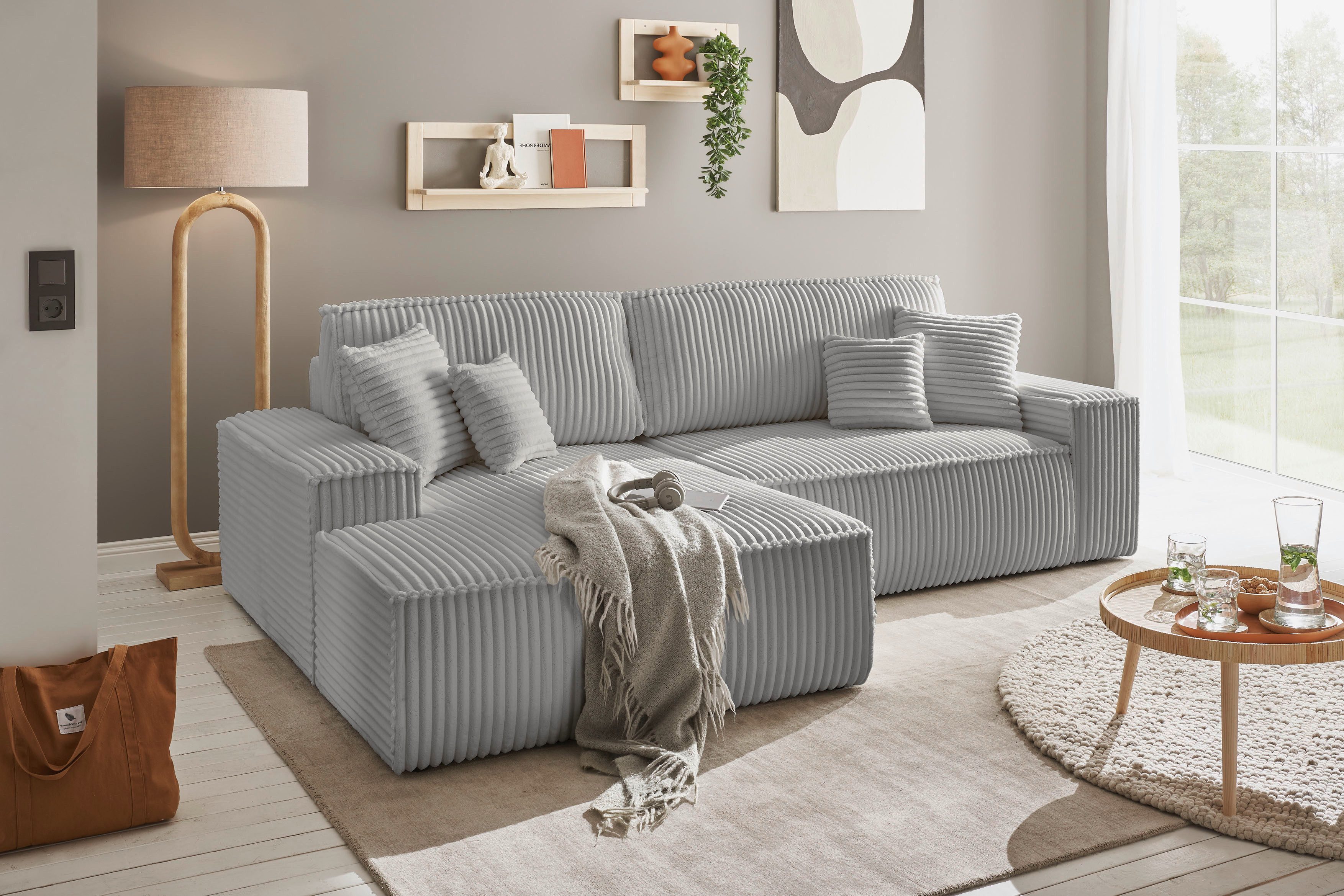 andas Hoekbank Finnley slaapbank 267 cm in Bouclé, fijne structuur en cord, L-vorm