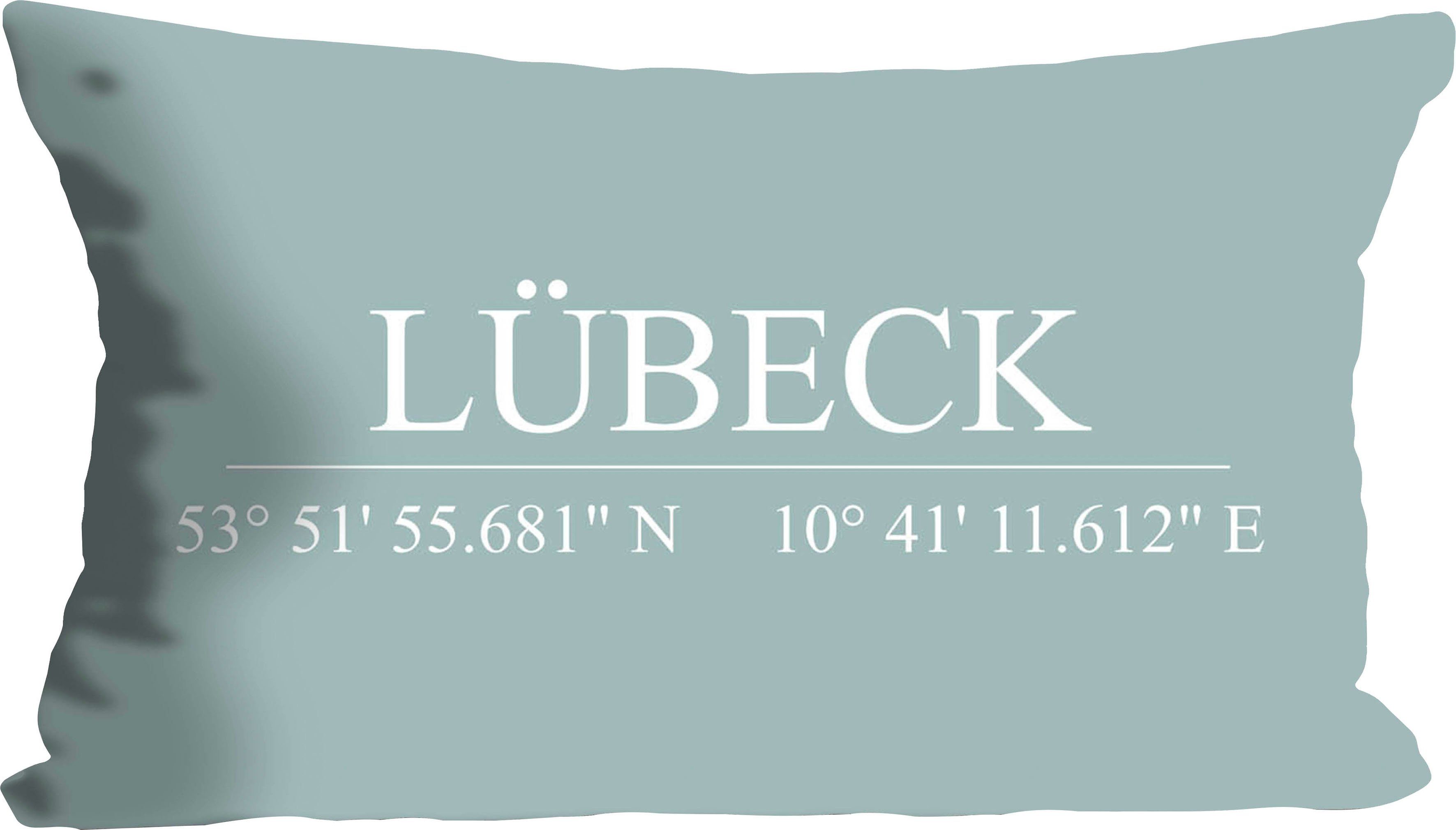 queence Sierkussen Lübeck Kussenhoes, turquoise achtergrond, Lübeck opschrift, coördinaten (1 stuk)