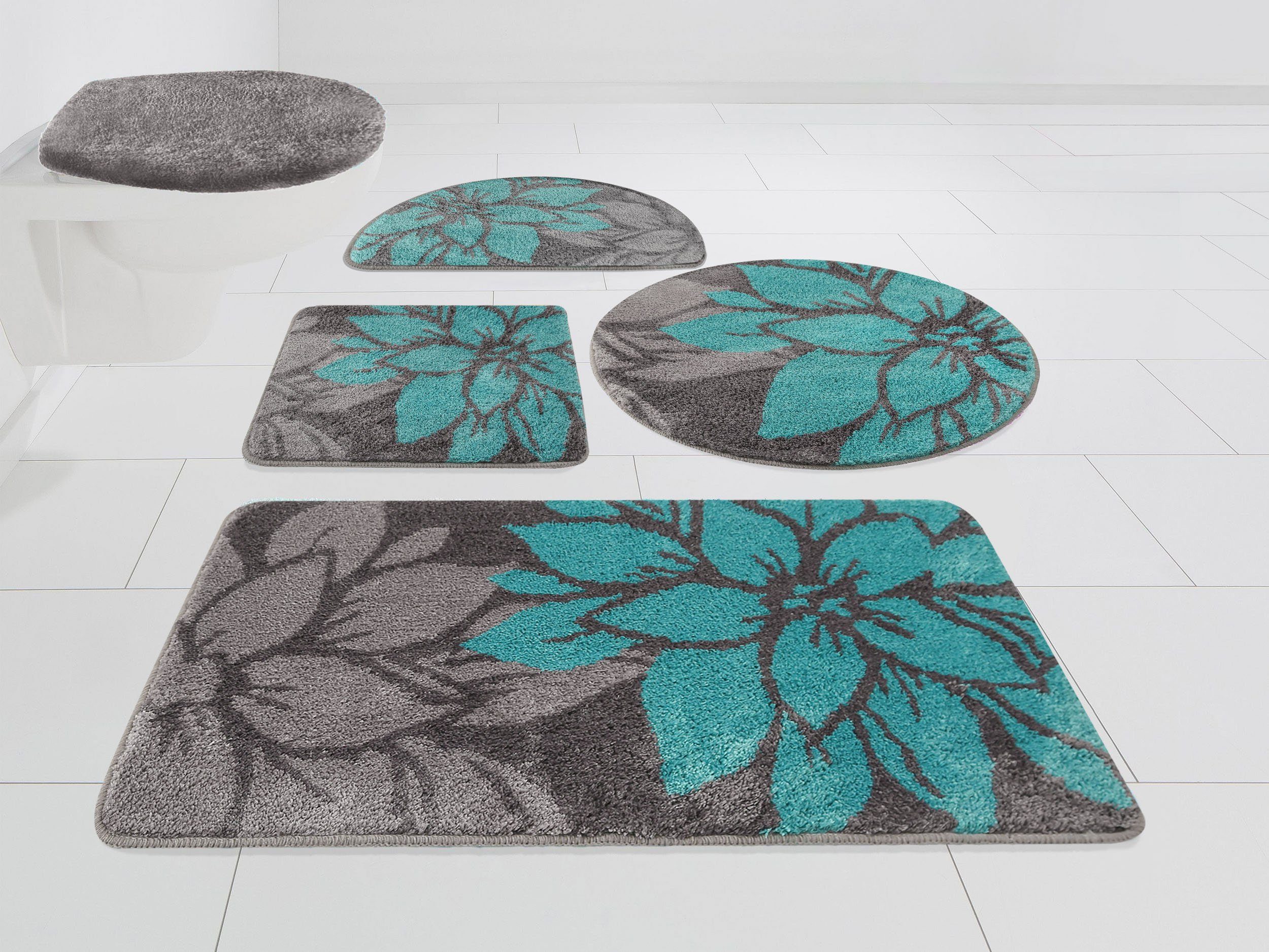 my home Badmat Susan Bloemmotief, badmat, badmatten ook als 3-delige set & rond badmatten maat 3-delige set voor hangend toilet blauw
