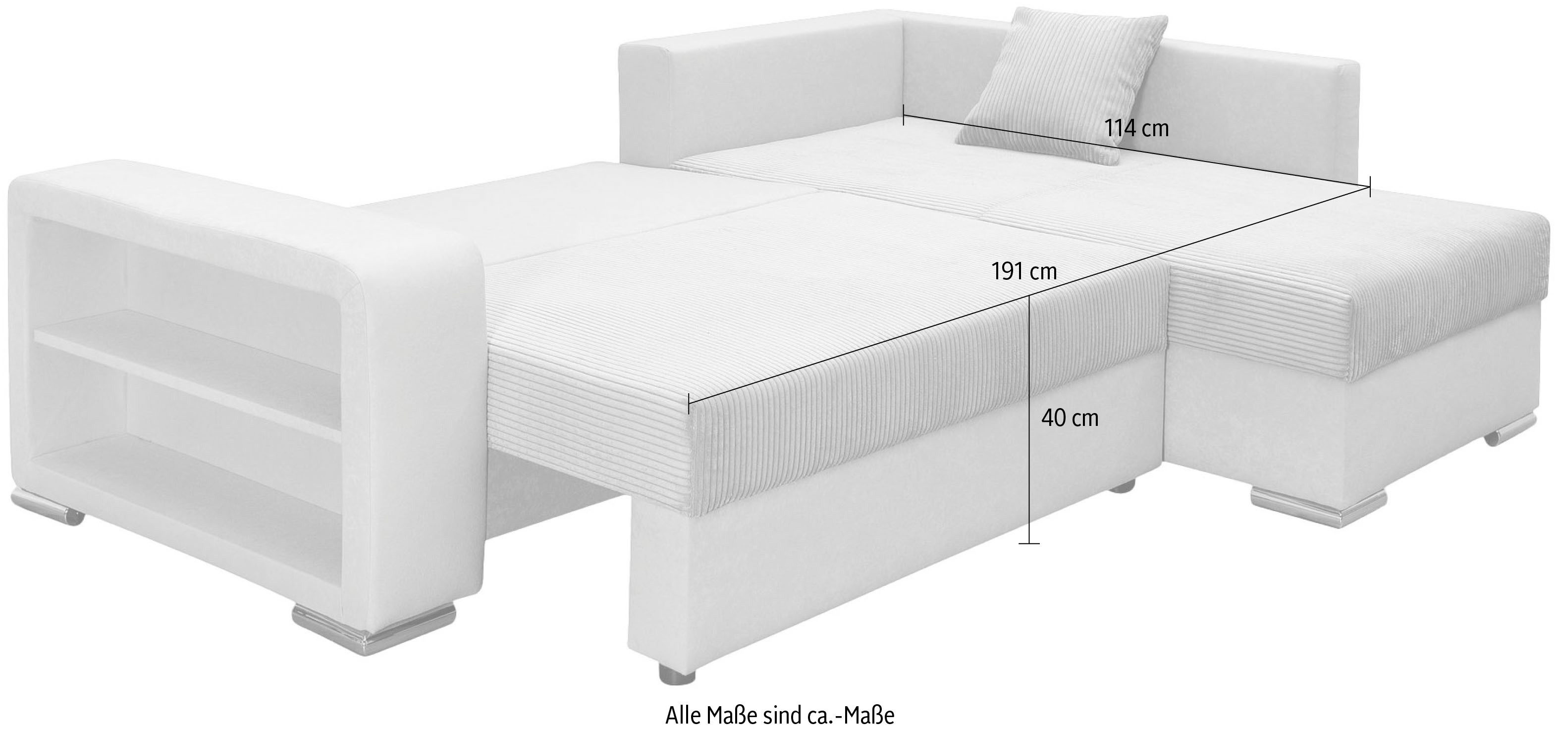 COLLECTION AB Hoekbank L-model Regalarmleuning met LED RGB verlichting, bedfunctie en bedbox