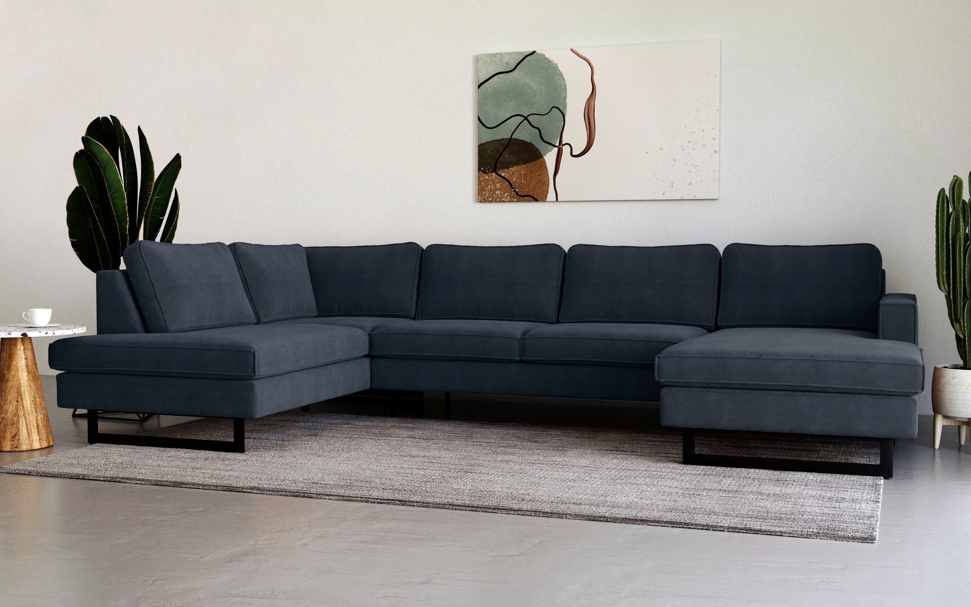 Places of Style Zithoek Pinto, 350 cm, U-vorm, XXL, met ottomanen Cord, chenille, leerlook, met bies, metalen voeten, golfondersteuning