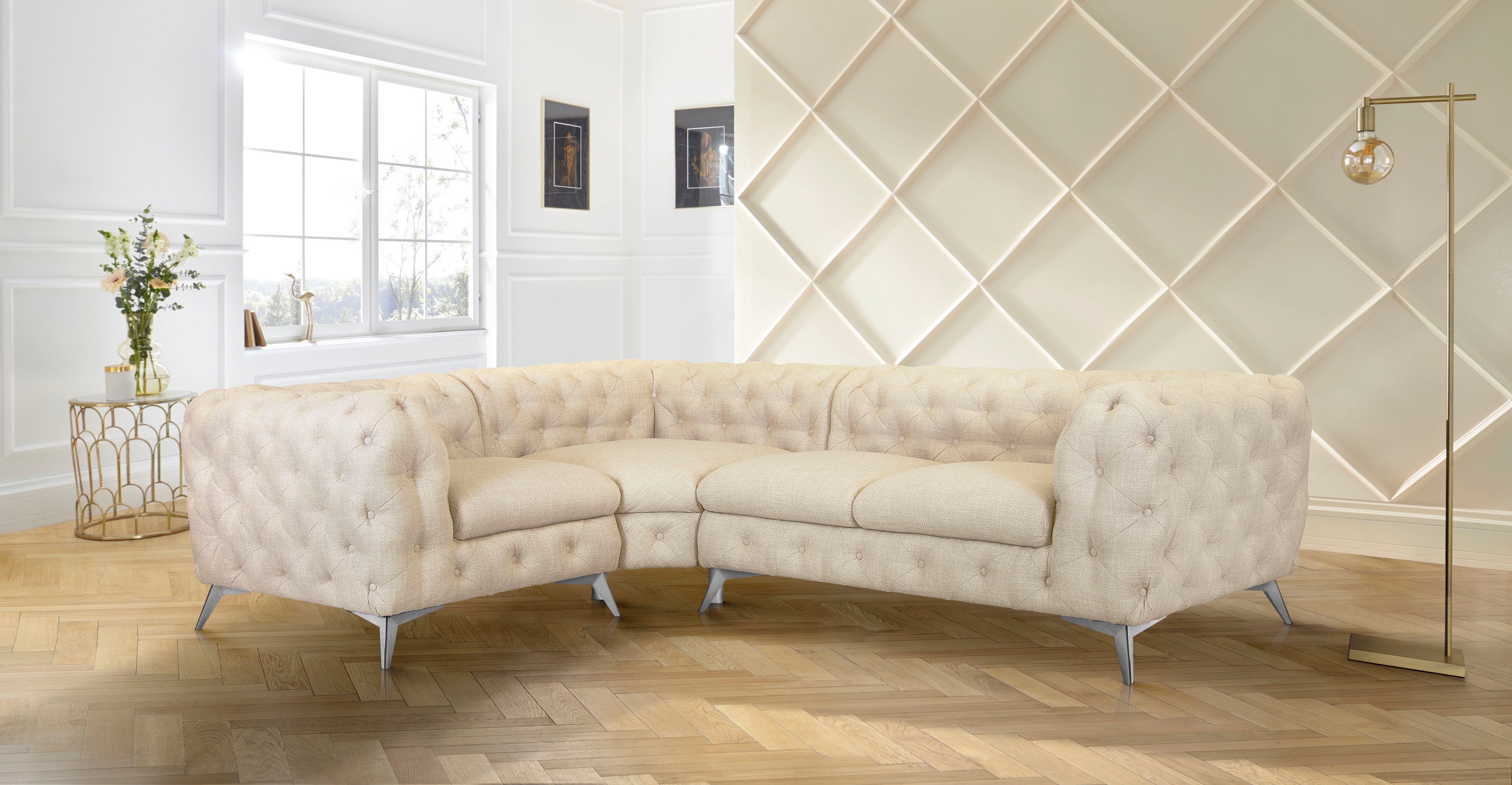 Leonique Chesterfield-bank Glynis L-vorm luxueuze capitonnage, moderne chesterfield look, kleur van de poten ter keuze