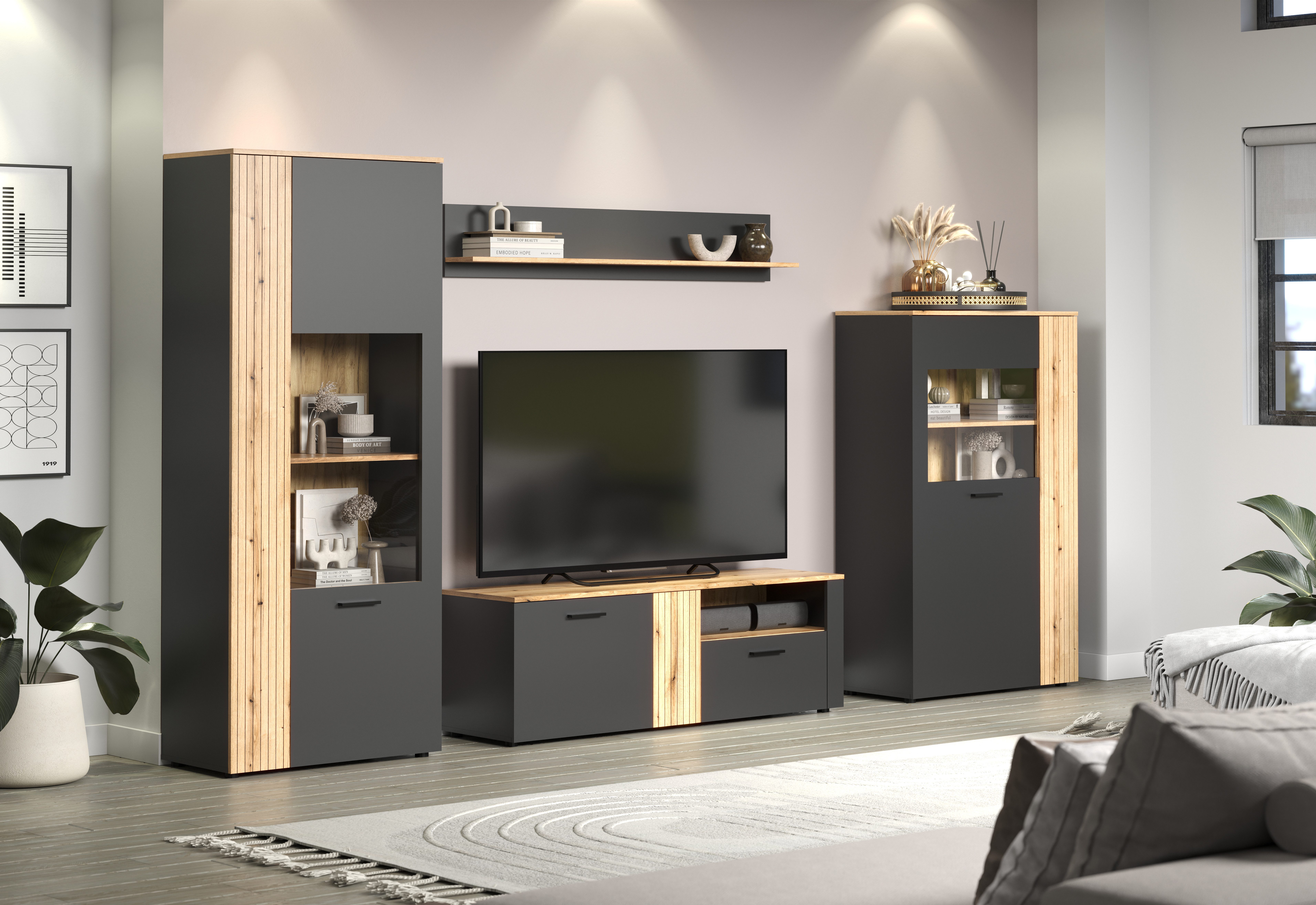 INOSIGN Wandmeubel Estepona Woonkamermeubilair met groevenlook - (B/D/H): 340/42/195 cm (complete set, 4-delig)