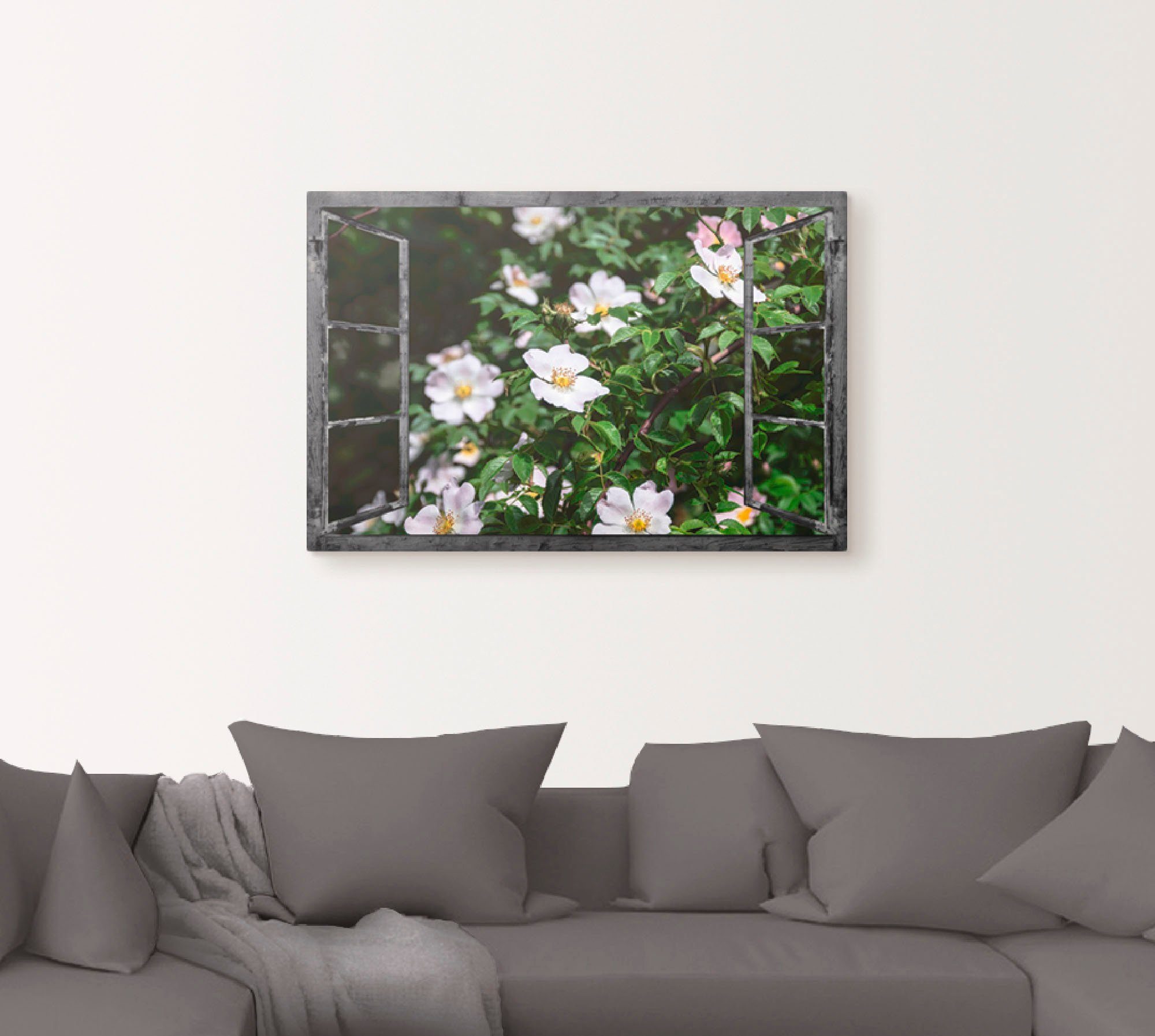 Artland Artprint op linnen Blik uit het venster - wilde rozen