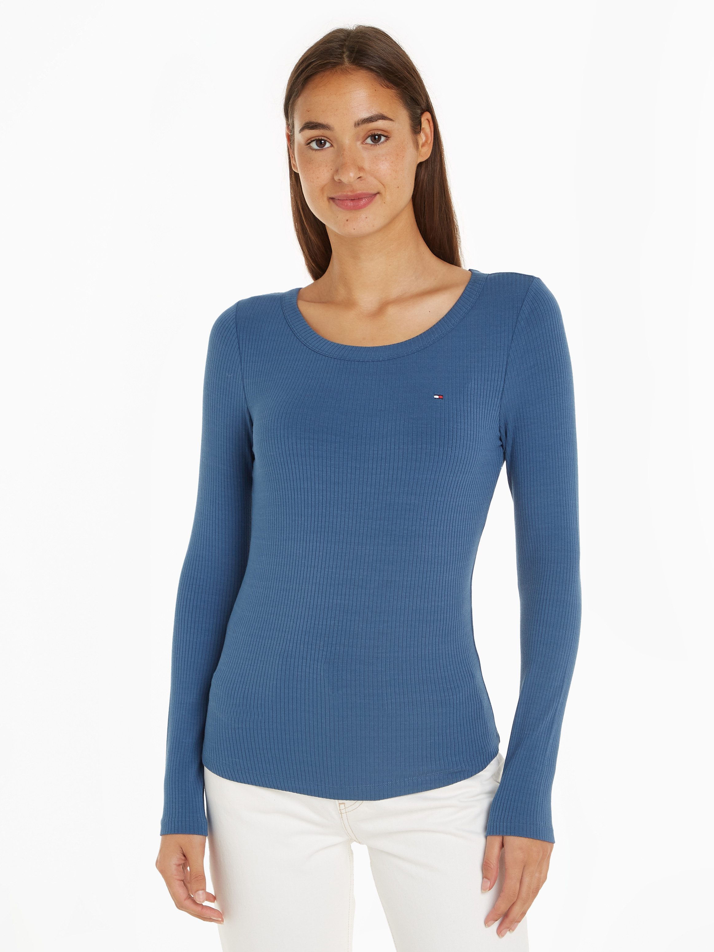 Tommy Hilfiger Shirt met lange mouwen SLIM 5X2 RIB O-NK LS dames longsleeves maat XL (42) blauw