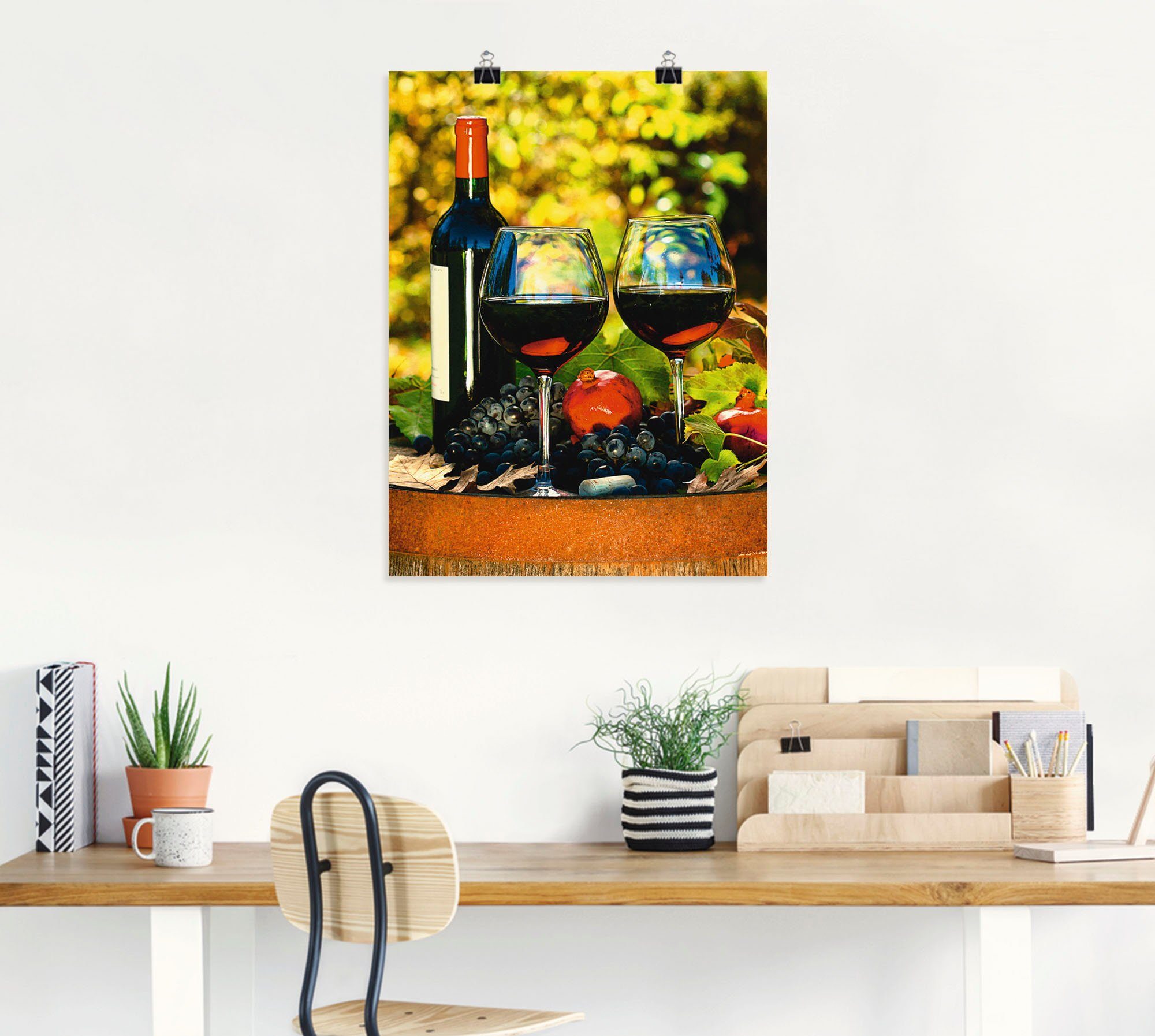 Artland Artprint Glazen met rode wijn op oud vat als poster, muursticker in verschillende maten