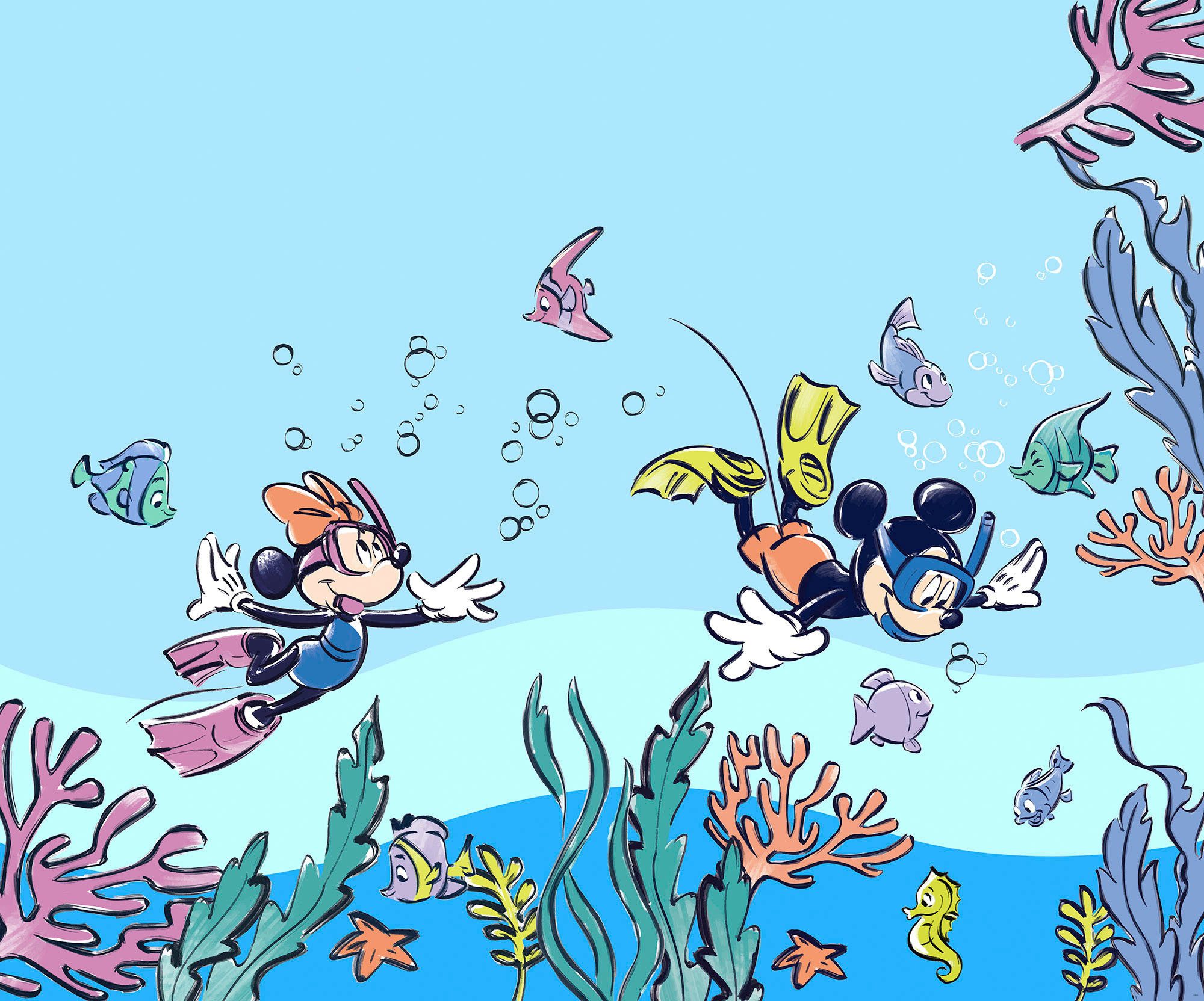 Komar Fotobehang Digitale print vlies - Mickey & Minnie Coral Reef - Afmeting 300 x 250 cm (1 stuk)