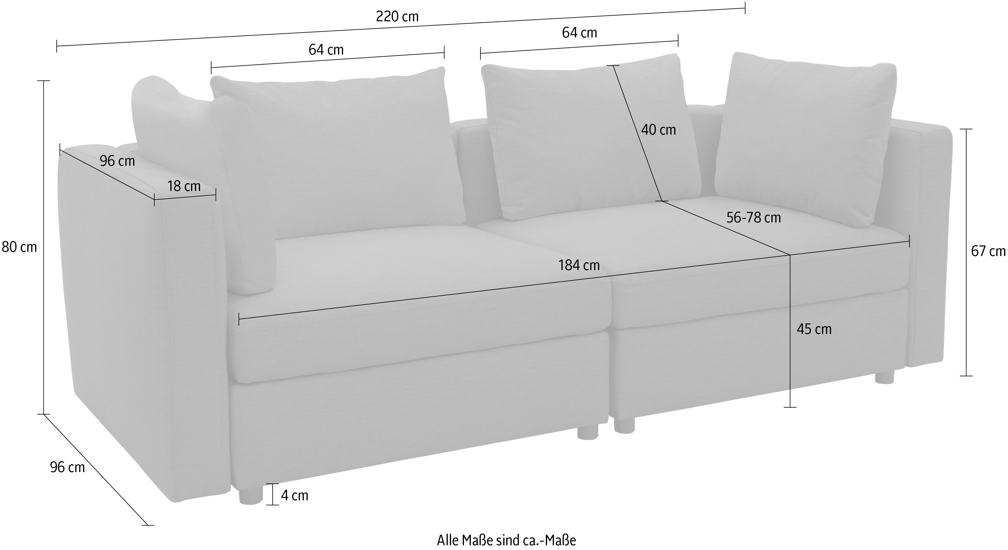 DOMO collection 2-zitsbank Solskin, individueel uitbreidbaar/combineerbaar met losse kussens. rug- en zijpanelen als steeksysteem.