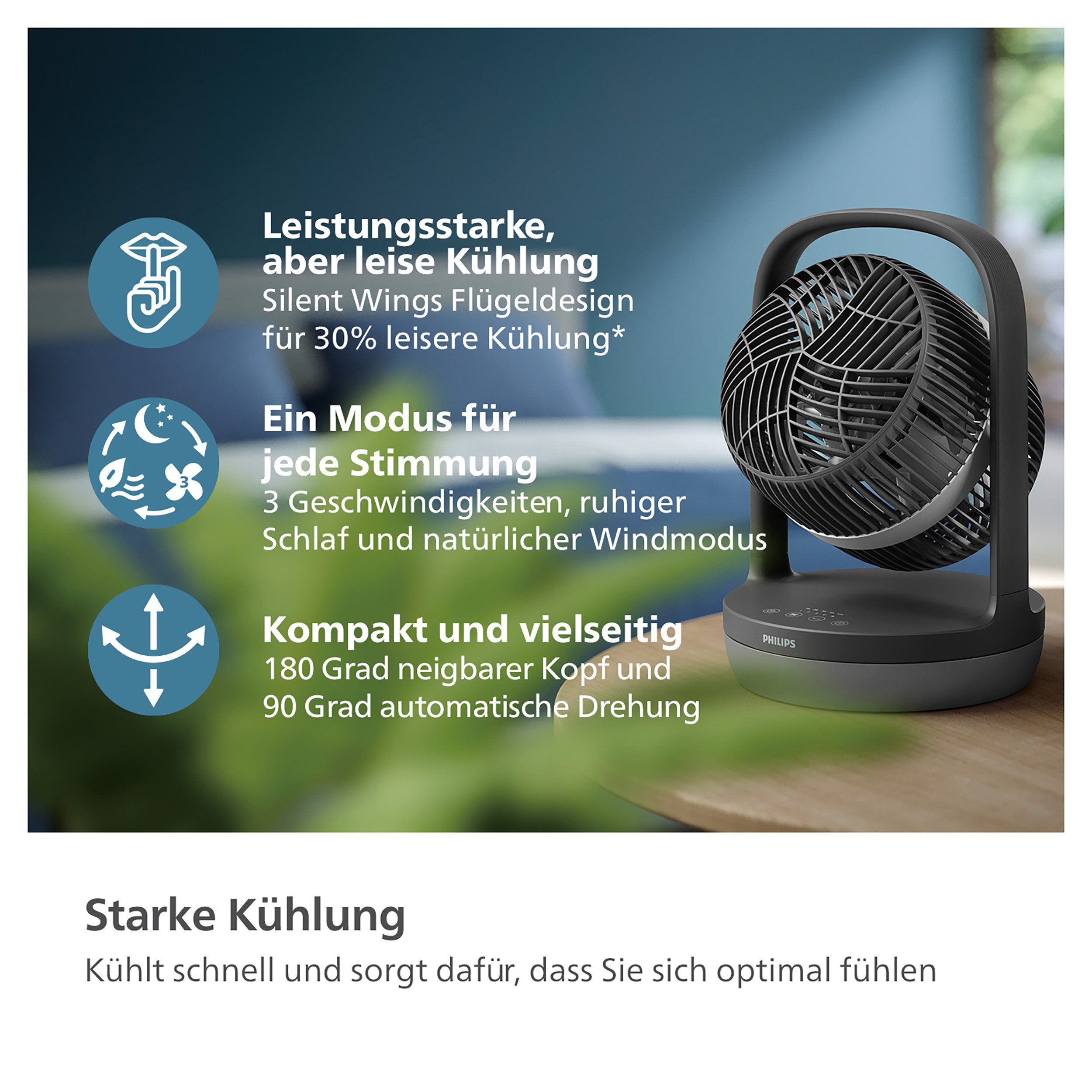 Philips Tafelventilator CX3050/01 Serie 3000, met extreem stille SilentWings-technologie, 19 dB