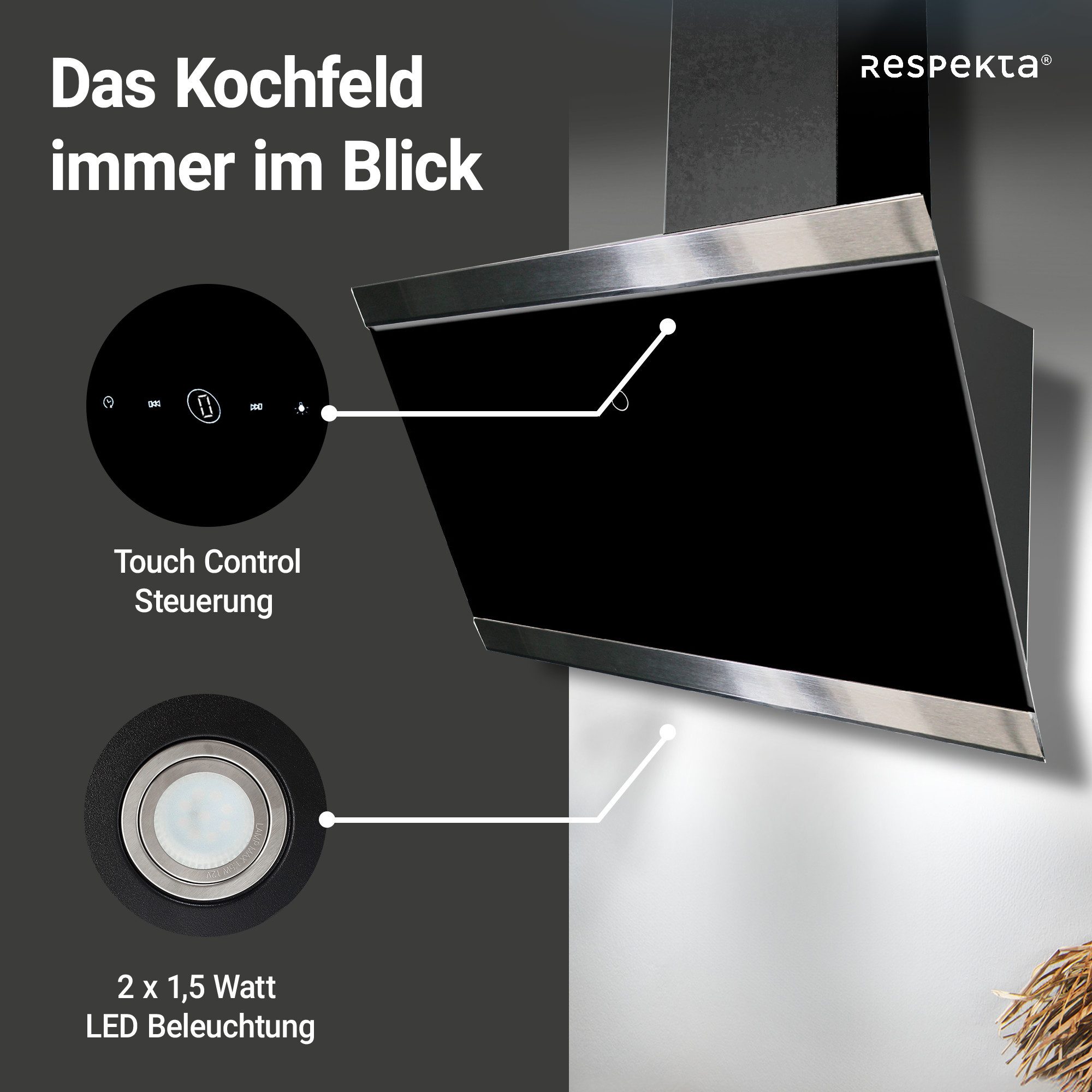 RESPEKTA Schuine wandkap 90 cm, 9 vermogensniveaus, led-verlichting, geschikt voor afzuiging en recirculatie