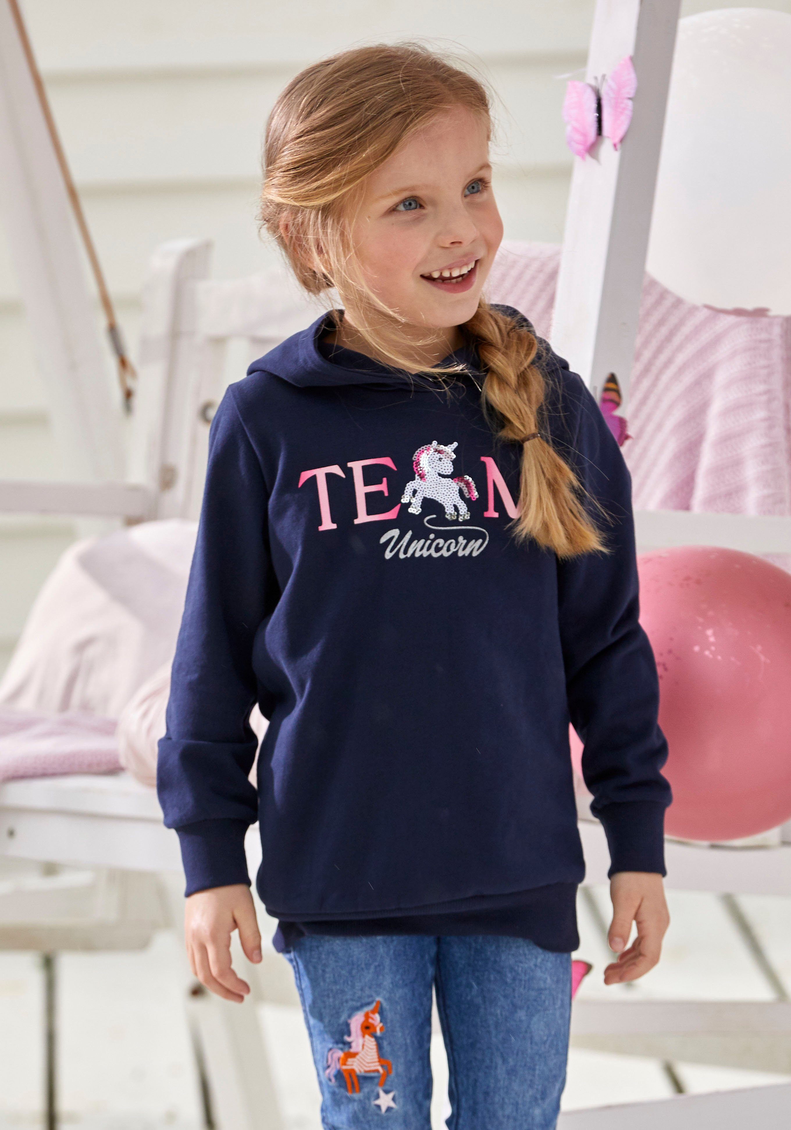 KIDSWORLD Hoodie Team UNICORN Lange mouwen, basic pasvorm, met modieuze print, met capuchon