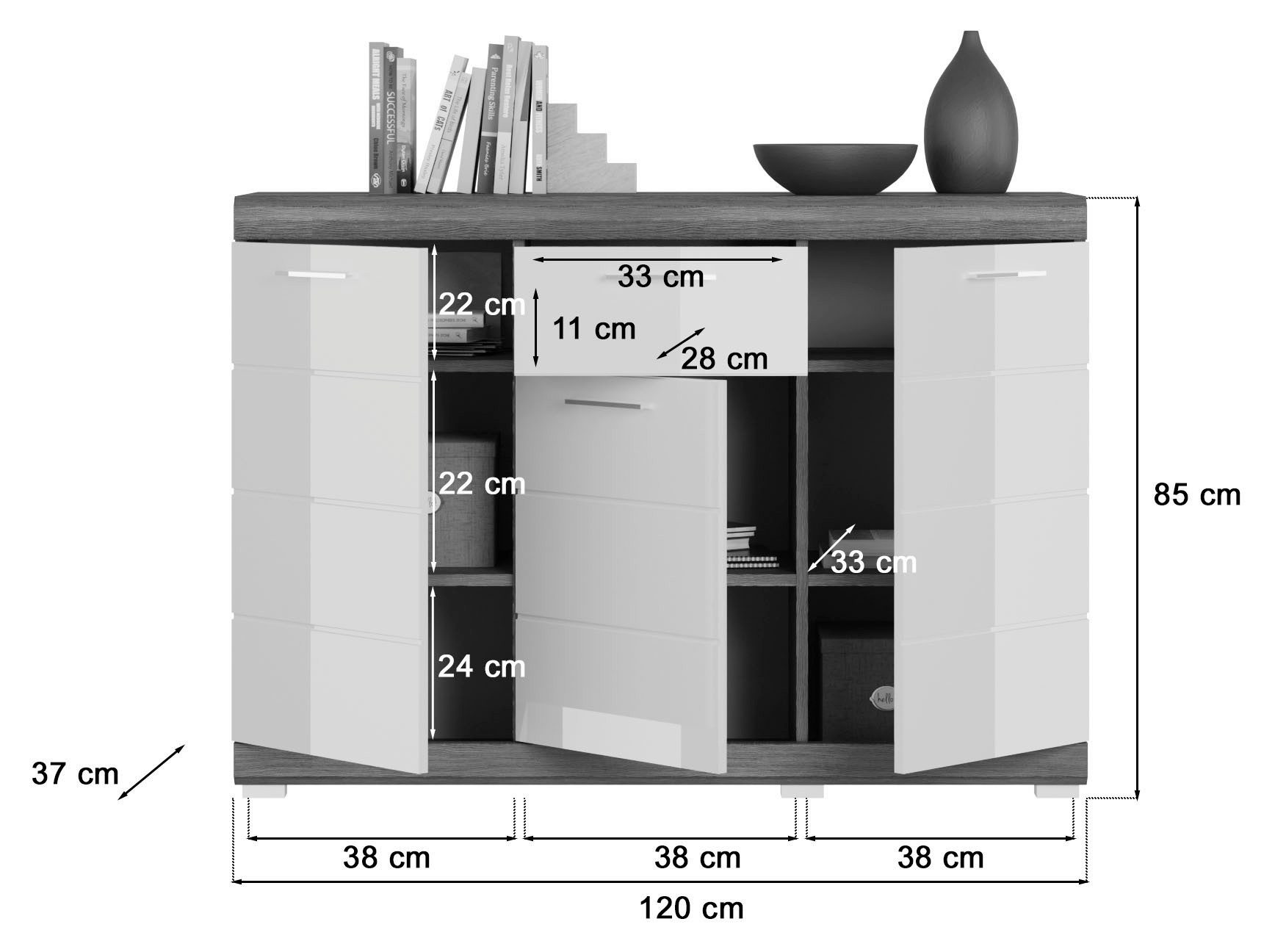 INOSIGN Kast Siena, breedte 120 cm, 3 deuren, 1 lade, 5 legplanken, 8 vakken
