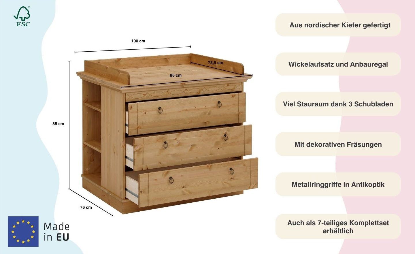 Lüttenhütt Commode Indra, landhuisstijl, veel opbergruimte FSC® gecertificeerd massief hout, inclusief onderbouwrek en opzet