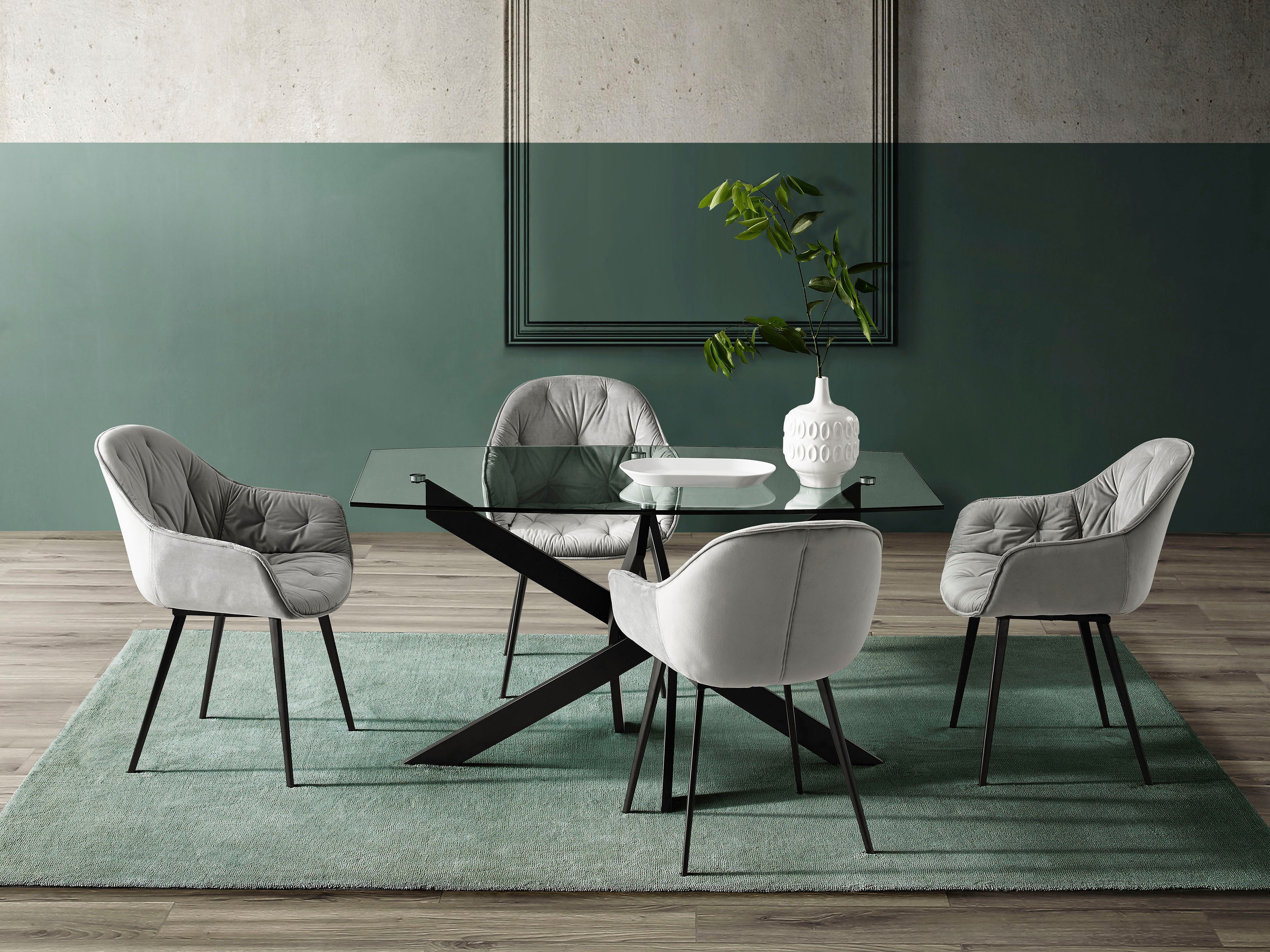 INOSIGN Eettafel Kairi Glazen tafelblad, gepoedercoat metalen frame, twee tafelbreedtes