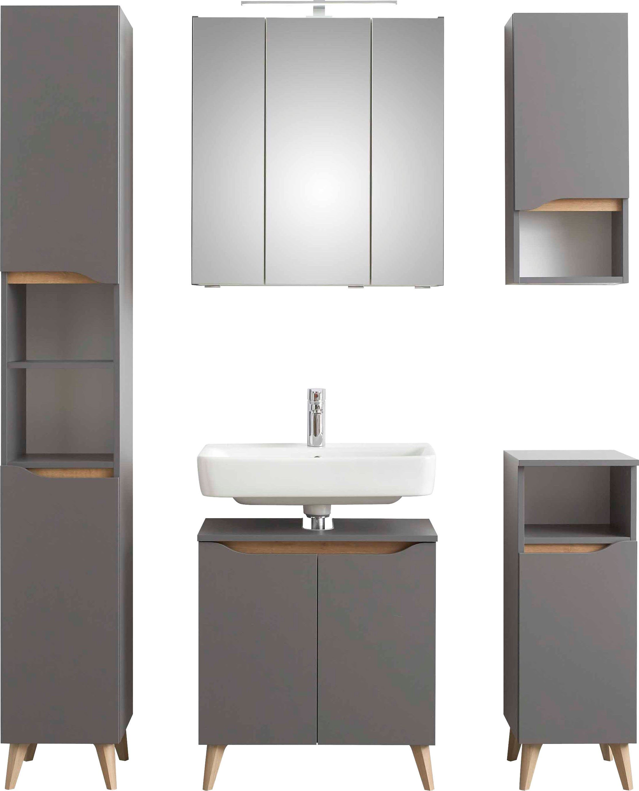 Saphir Badkamerserie Quickset 5-delige wastafelonderkast en LED-spiegelkast Hoge kast, onderkast, hangend kastje, inclusief deurdemper, 9 deuren (5-delig)