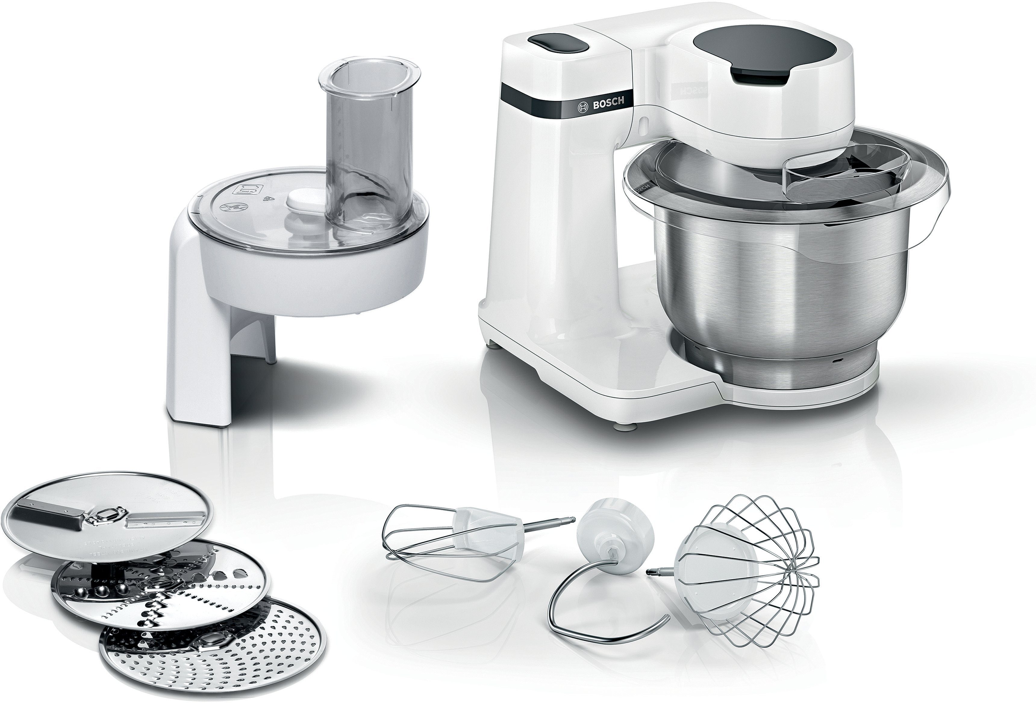 BOSCH Keukenmachine Serie 2 MUMS2EW01, roestvrijstalen kom, doorloopsnijder, deksel Planetair mengsysteem, kneedhaak/klopper/menghaak roestvrij staal, 4 niveaus, wit
