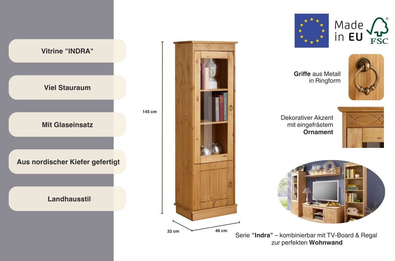 Home affaire Vitrinekast Indra van massief dennenhout, fsc®, 2-delig, hoogte 145 cm, discreet ornament