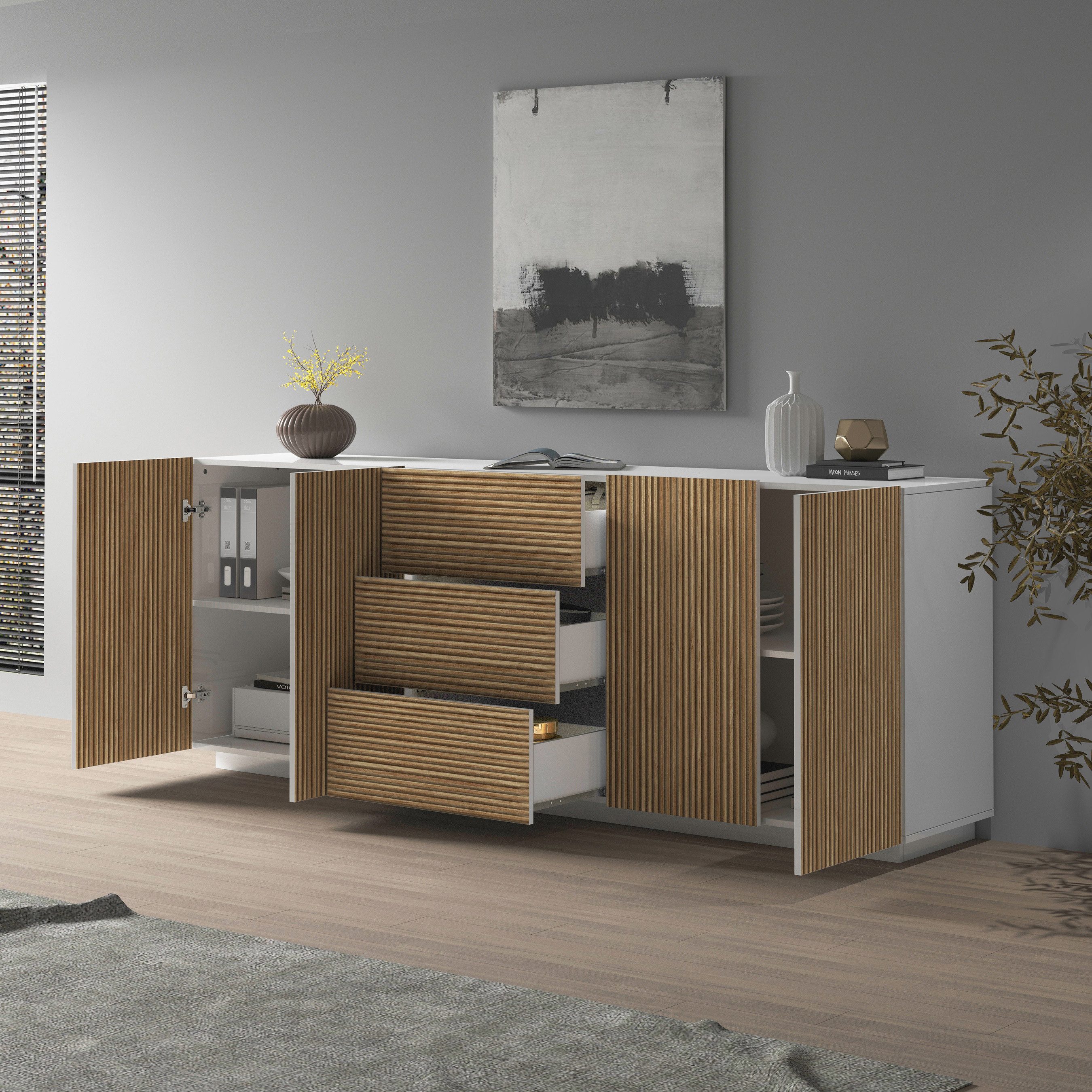 INOSIGN Dressoir Vega Sideboard, Ladekast, 220 cm met 4 deuren en 3 lades, fronten met groeflook