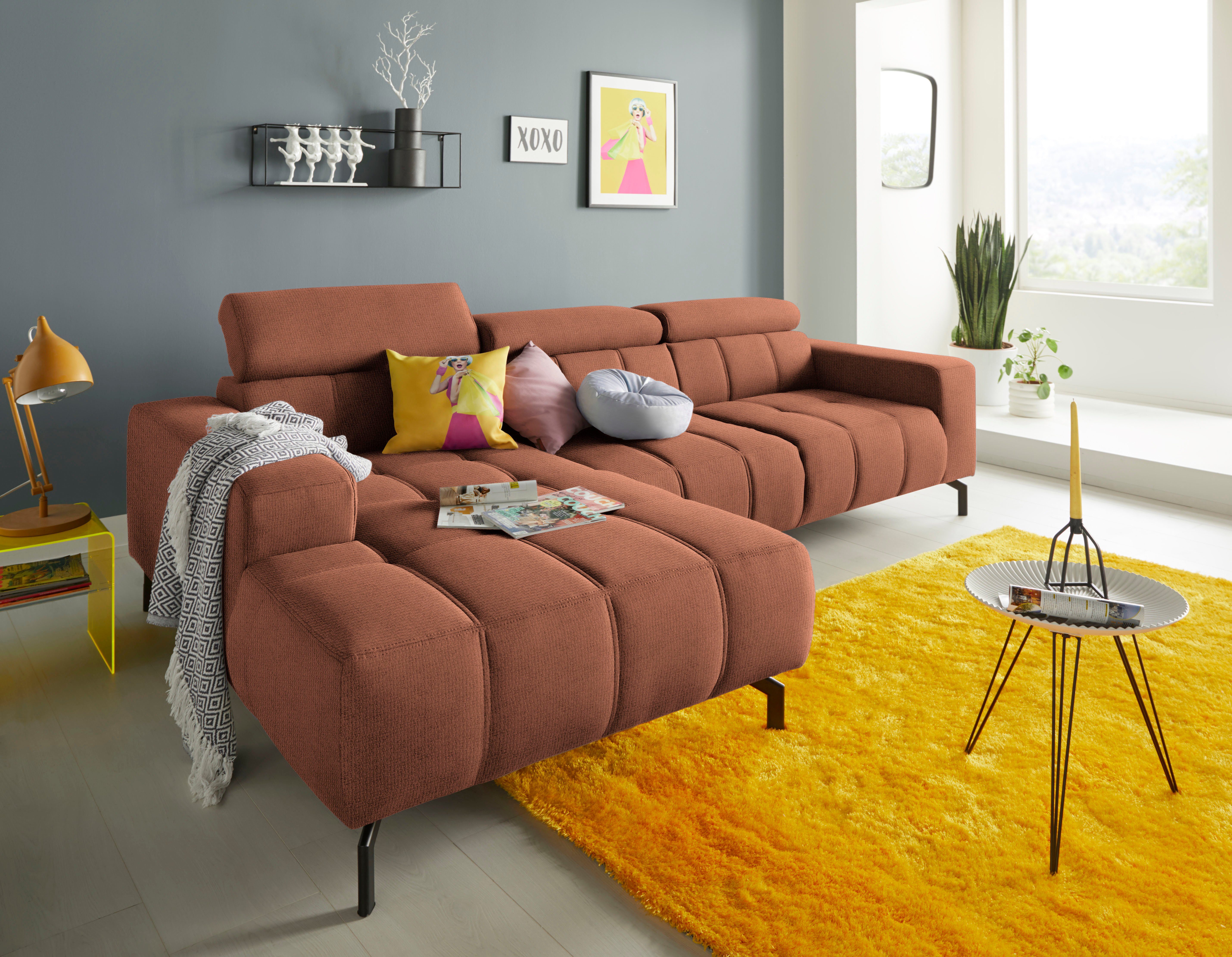 DOMO collection Hoekbank Cunelli mooie zitnaden als designelement, stevige zitcomfort, L-vorm oranje, hoekbanken, Récamier links, Met verstelbaar
