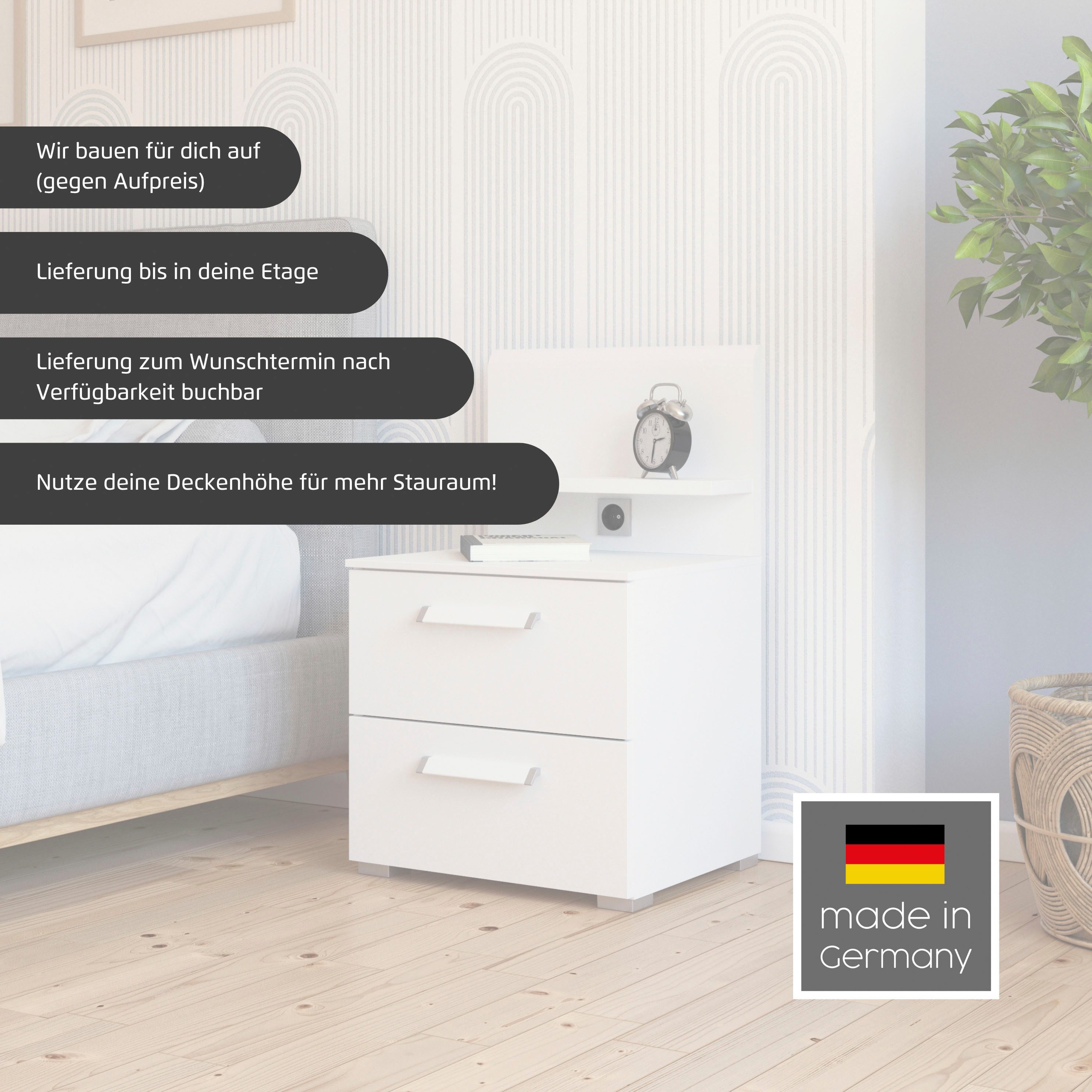 rauch Nachtkastje Nachtconsole Commode EVELYN in elegante stijl 2 ladenpaneel met stopcontact made in germany