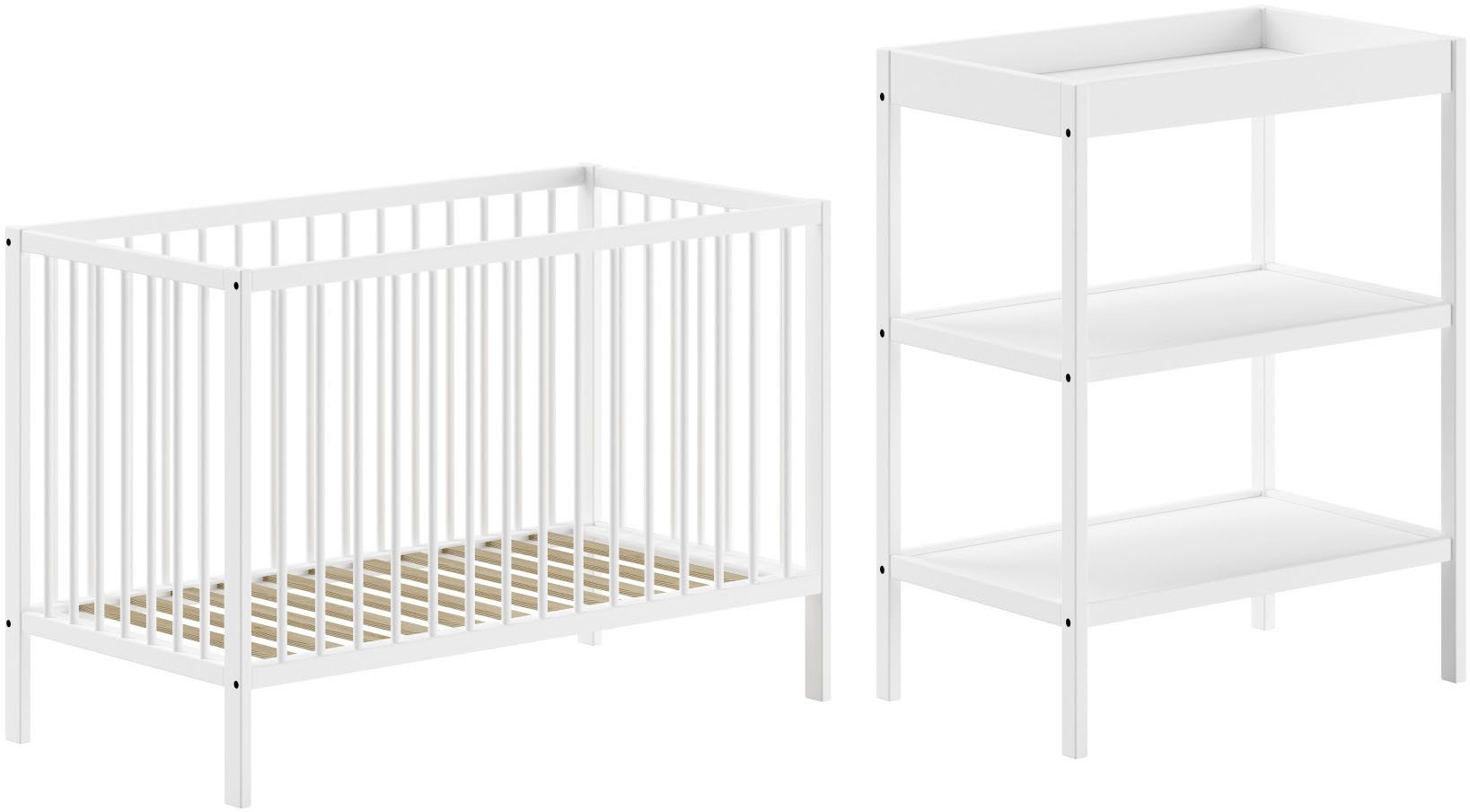 Vipack Babymeubelset Dino is het ideale startpakket voor uw kind van massief beukenhout (2-delig) ledikanten + commodesets wit