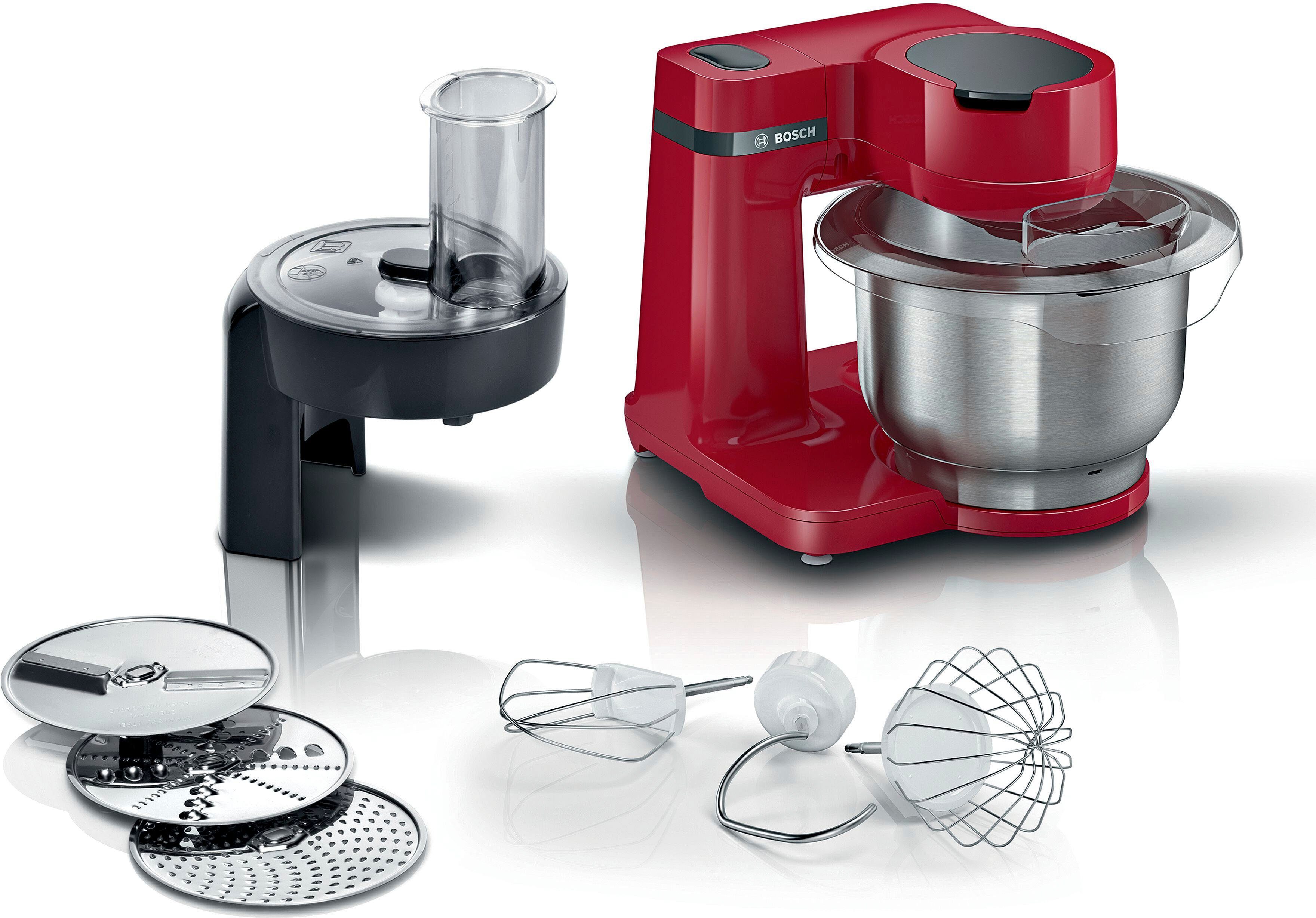 BOSCH Keukenmachine Serie 2 MUMS2ER01, continu rasp- en snijapparaat, 4 schijven, rood Roestvrijstalen kom, kneedhaak/meng-/siliconen garde, vaatwasserbestendig