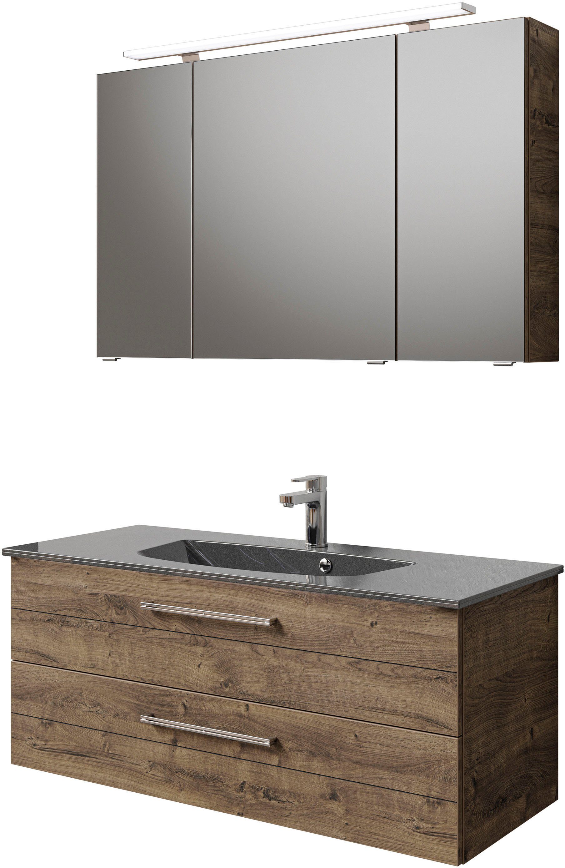 Saphir Badkamerserie Serie 6025 2-delig, mineraalmarmeren wastafel met led-spiegelkast Wastafelmeubel 117 cm breed, 2 laden, 3 spiegeldeuren, incl.