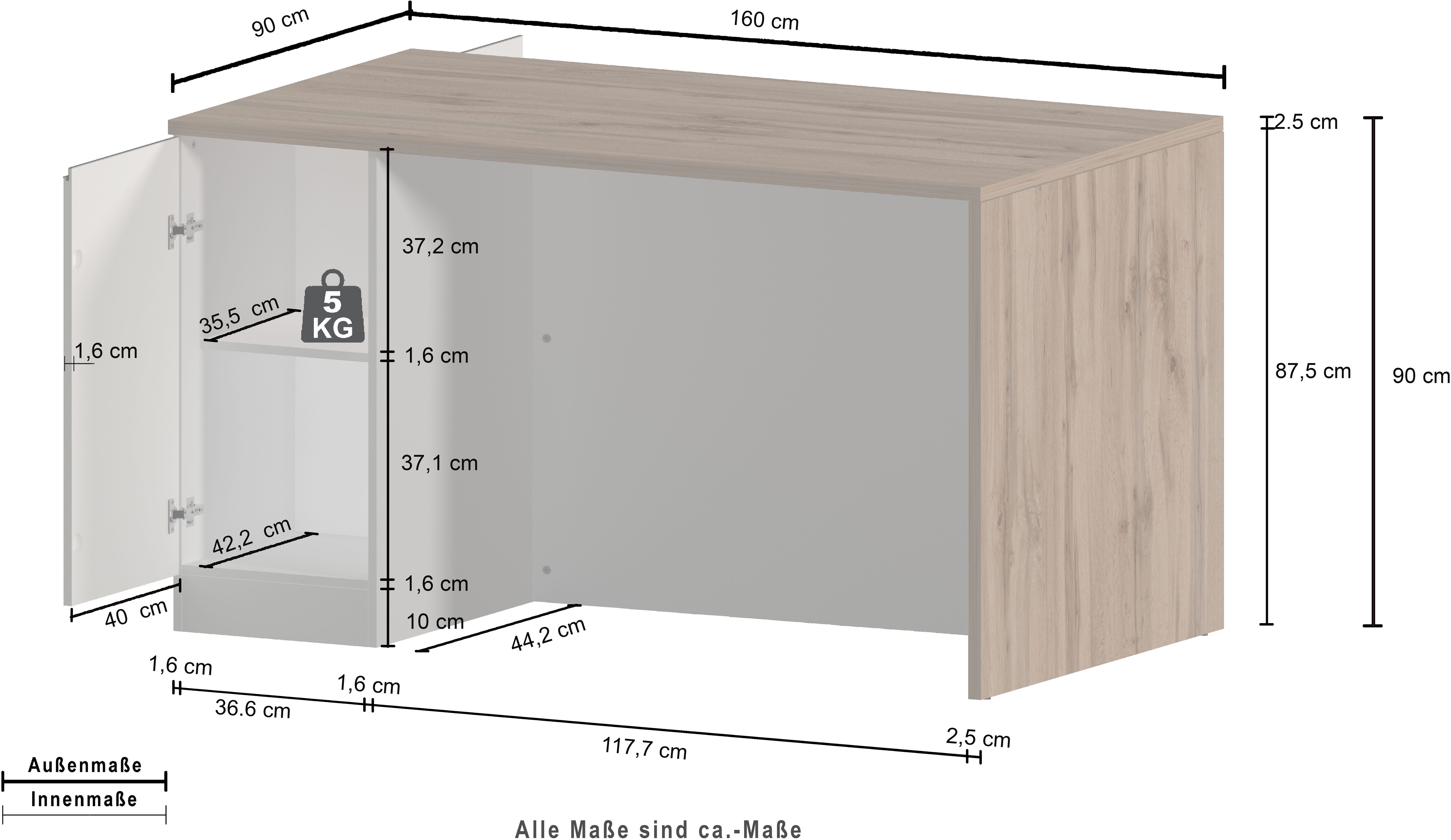 Kochstation Kookeiland Sole, kookeiland, keukenwerkblok, eilandkeuken, werk-eiland Breedte 160 cm met 2 deuren, 4 vakken, werkblad, aluminium handgreep