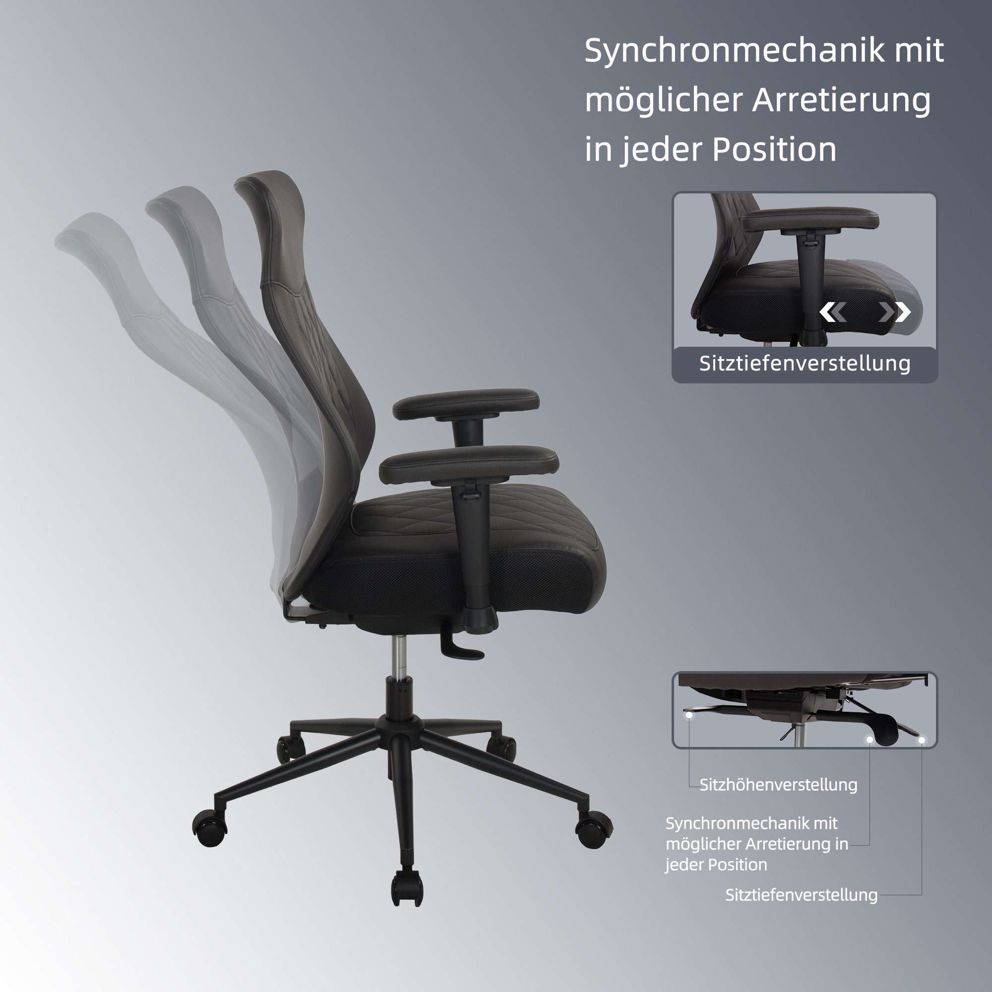Places of Style Bureaustoel TURSI 2-d armleuningen, zitdiepte- en hoogteverstelling, lederlook-microvezel (1 stuk)