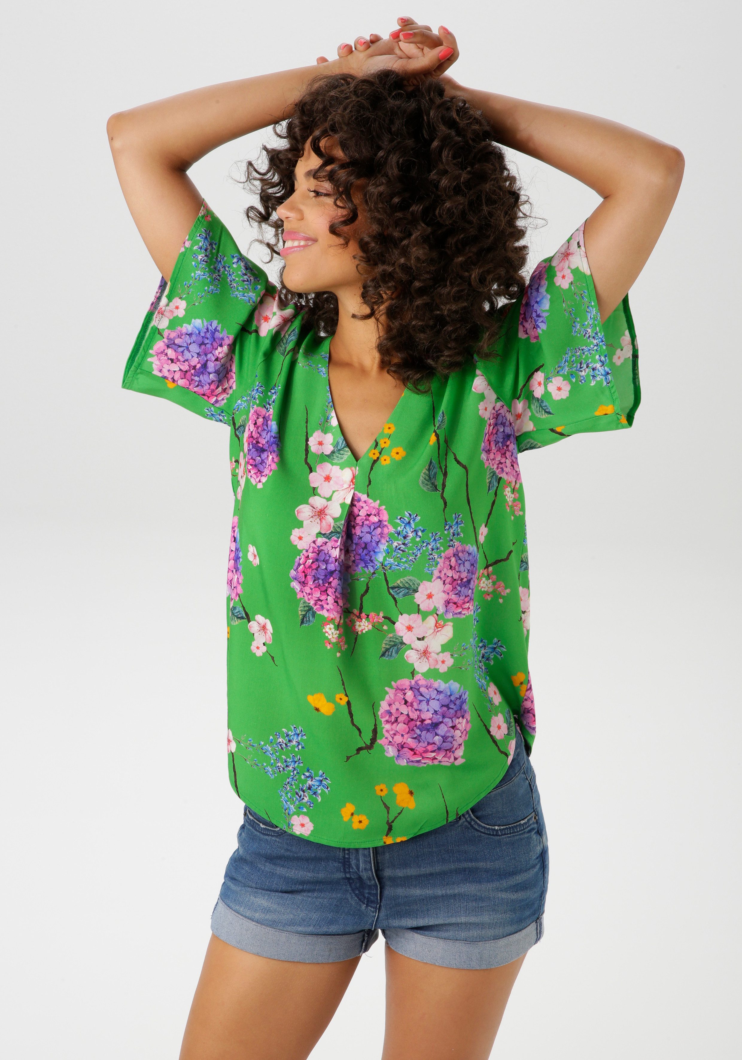 Aniston CASUAL Blouse zonder sluiting met kleurharmonische bloemdruprint - nieuwe collectie dames blouses maat 36 groen