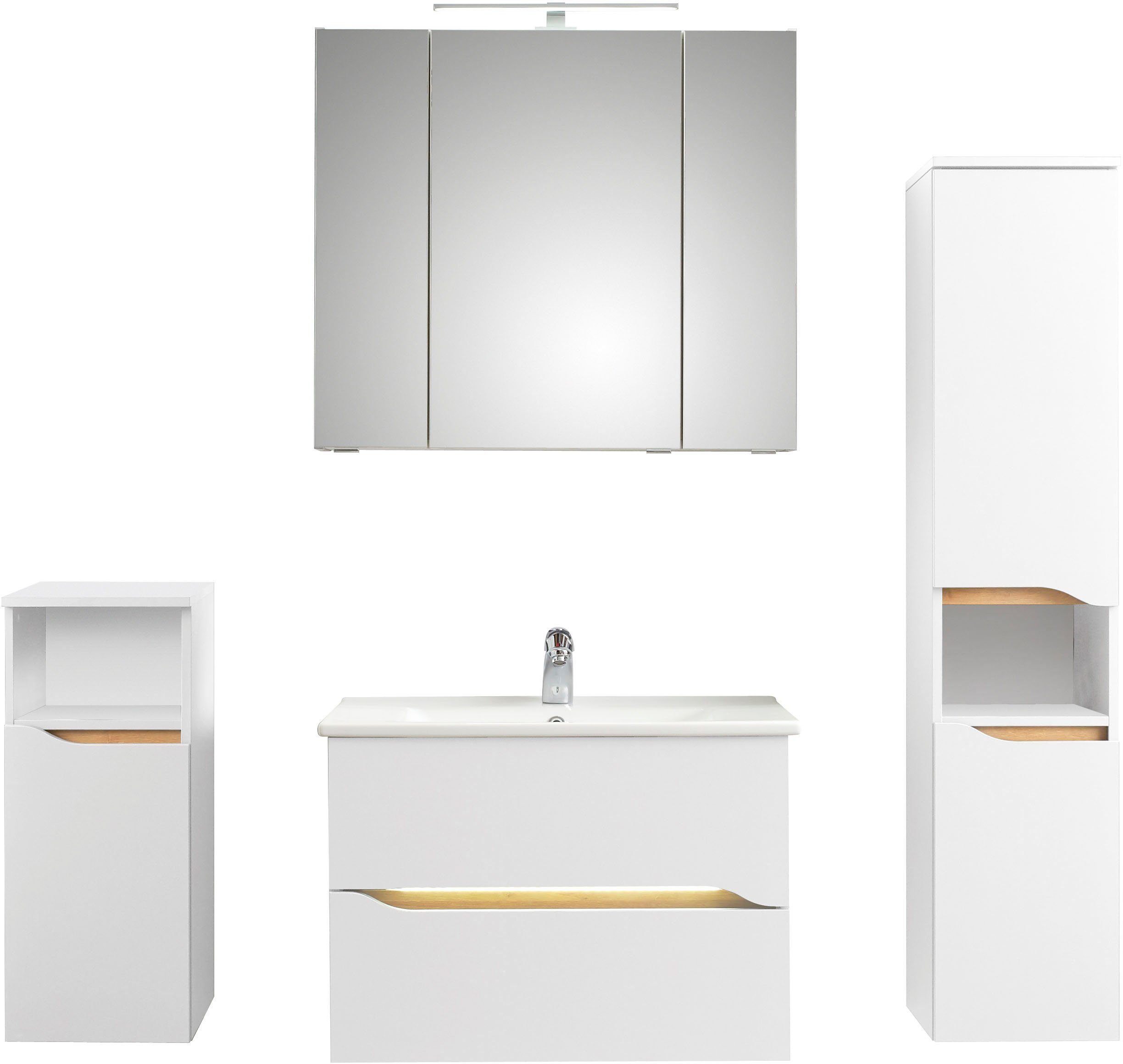 Saphir Badkamerserie Quickset 4-delig, keramische wastafel en LED-spiegelkast Halfhoge kast, onderkast, inclusief deurdemper, 6 deuren, 2 laden