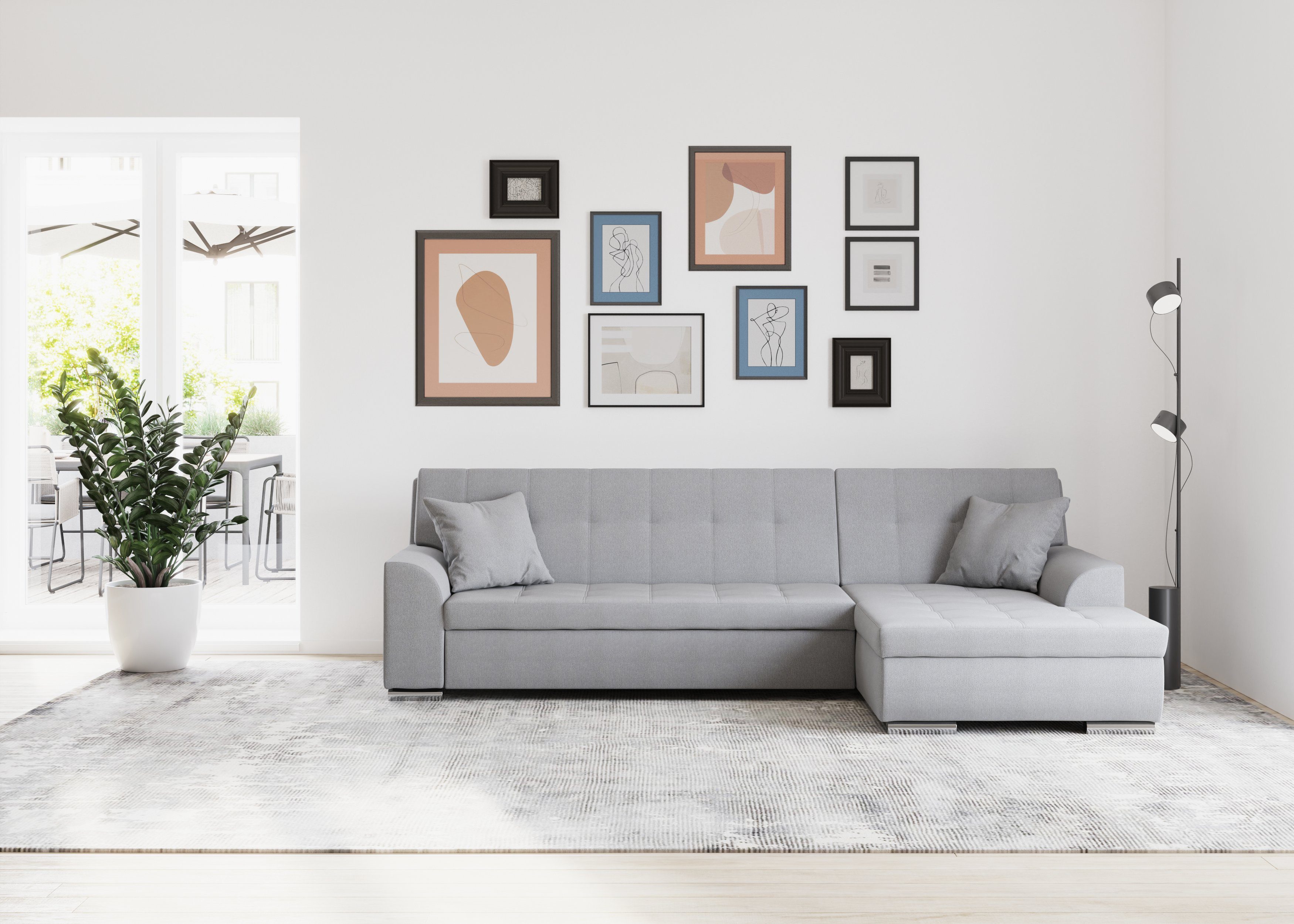 DOMO collection Hoekbank Treviso veel bekledingen, ook in cord, L-vorm, B/D/H: 267/80/83 cm optioneel met slaapbank functie, incl. sierkussens, hoogwaardig doorgestikt patroon