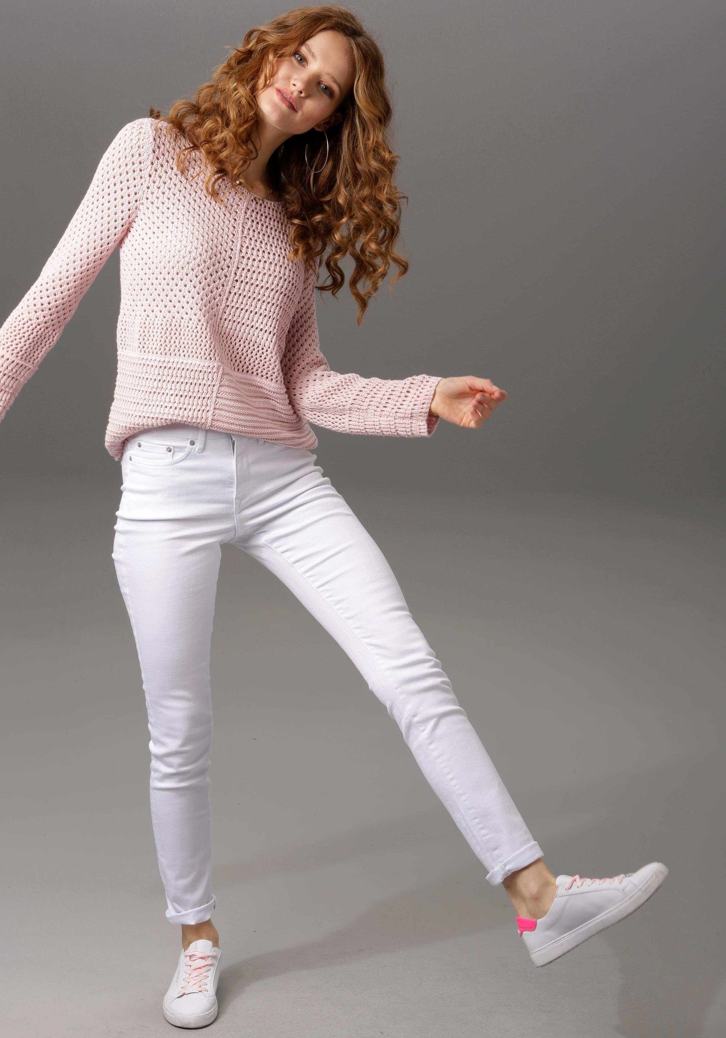 Aniston CASUAL Trui met ronde hals met trendy gemixte ajourmotieven