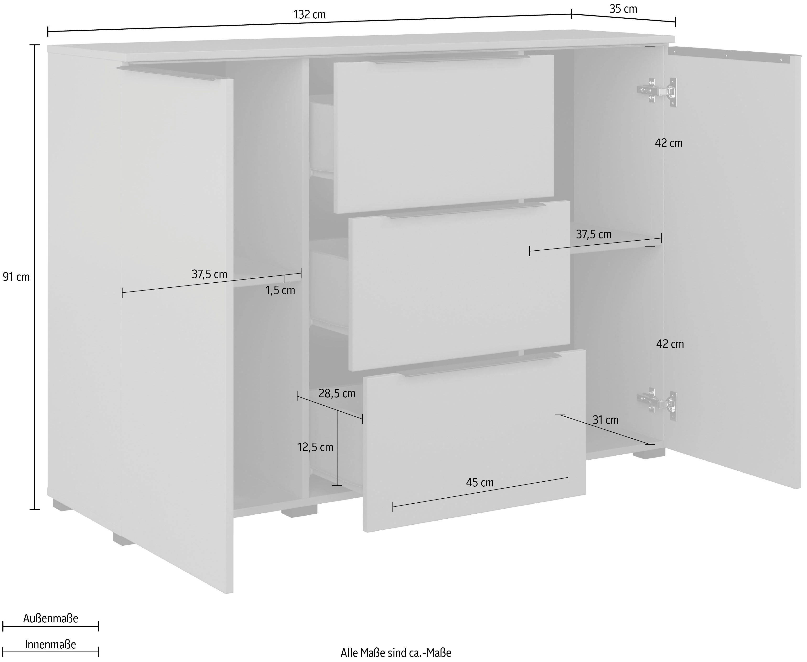 INOSIGN Dressoir Tana, breedte 132 cm, moderne commode 3 SK, 2 deuren Ladekast, sidetable met veel bergruimte, planken verstelbaar