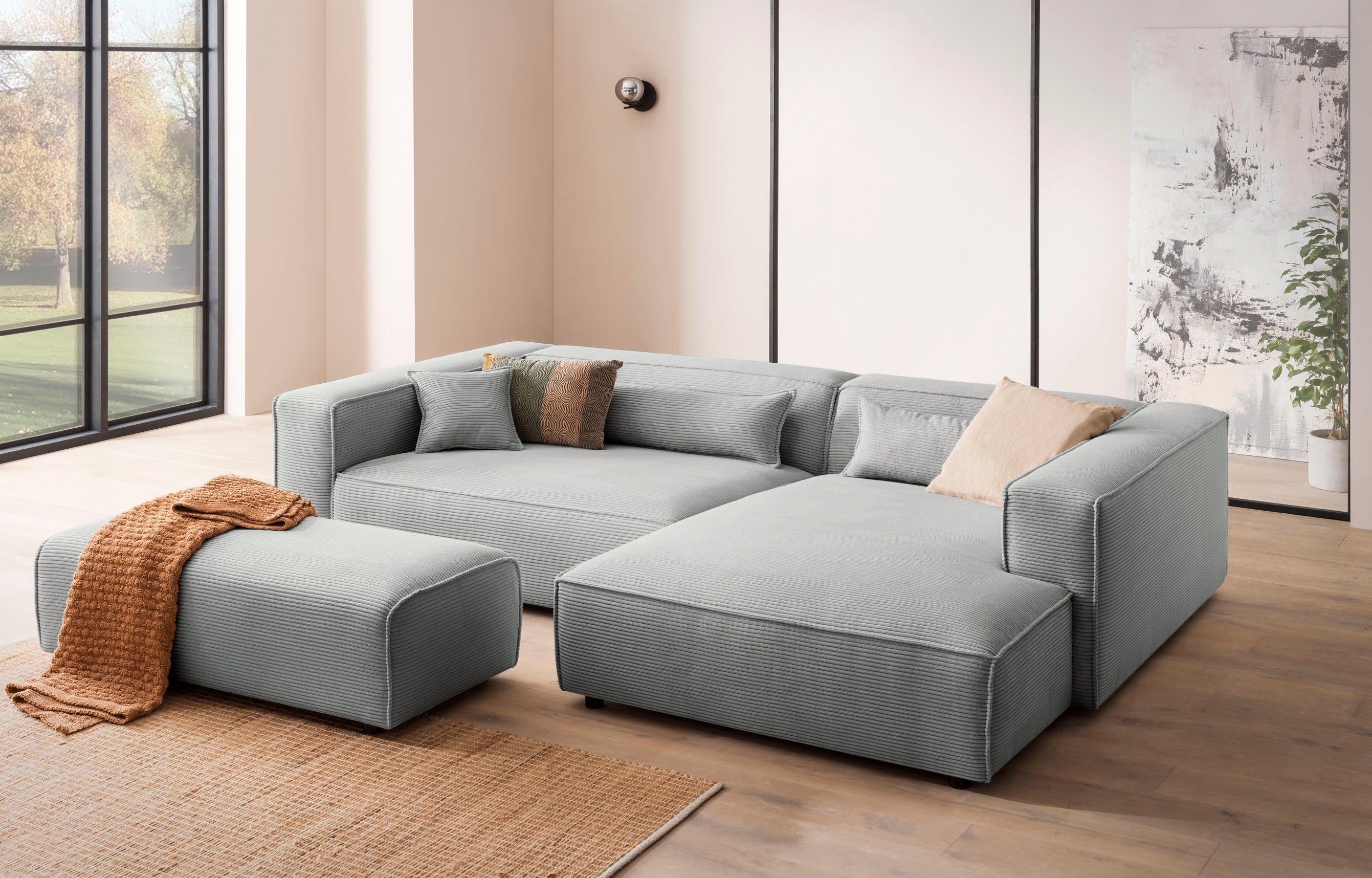 LeGer Home by Lena Gercke Hocker PIARA, poef met biesnaad in cord of linnenlook bij de serie piara, rechthoekig, zwarte voeten, comfortabel zitcomfort