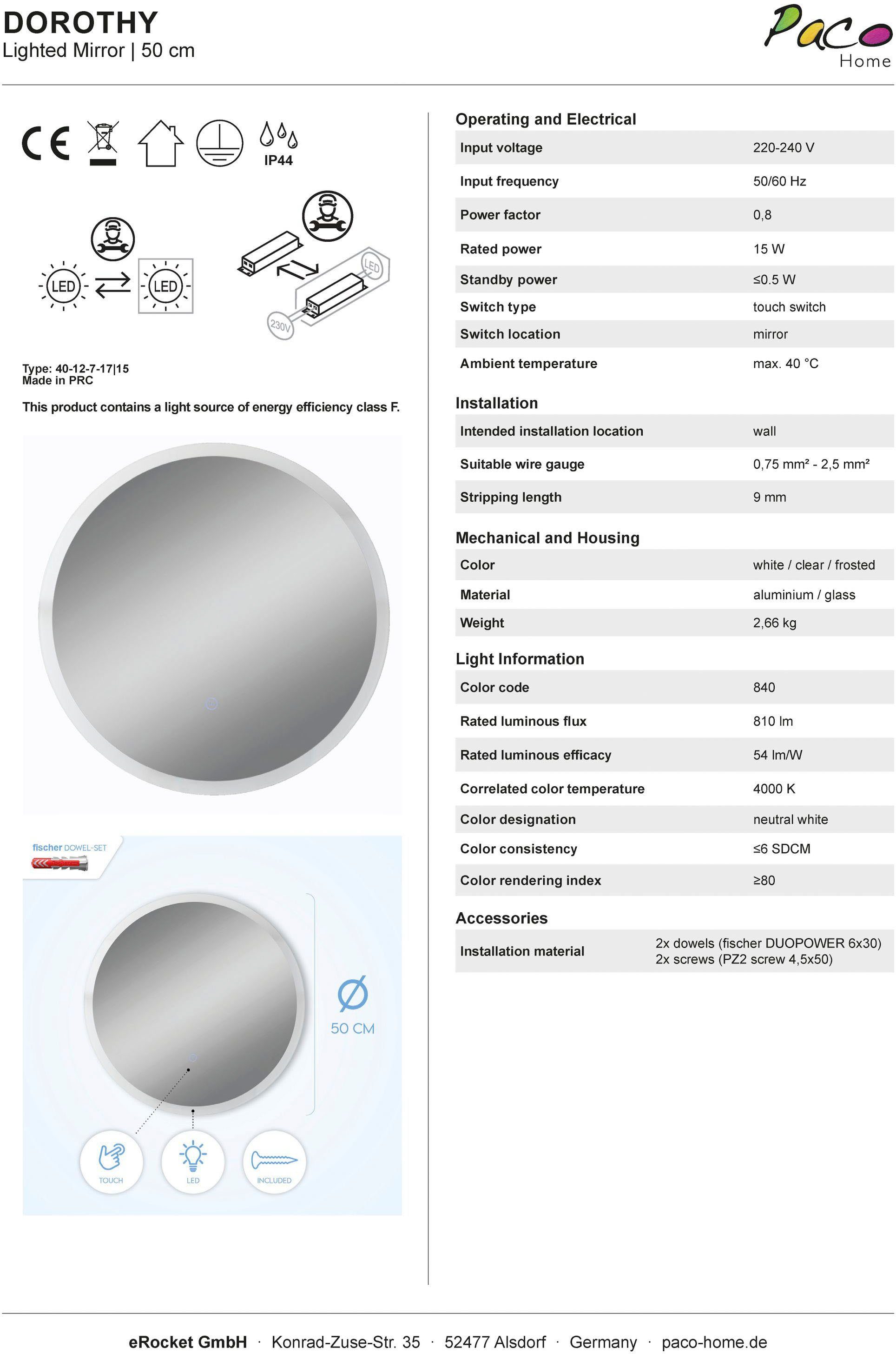 Paco Home Wandlamp Dorothy Spiegel LED achterlicht rond 50cm touch-schakelaar wandspiegel modern