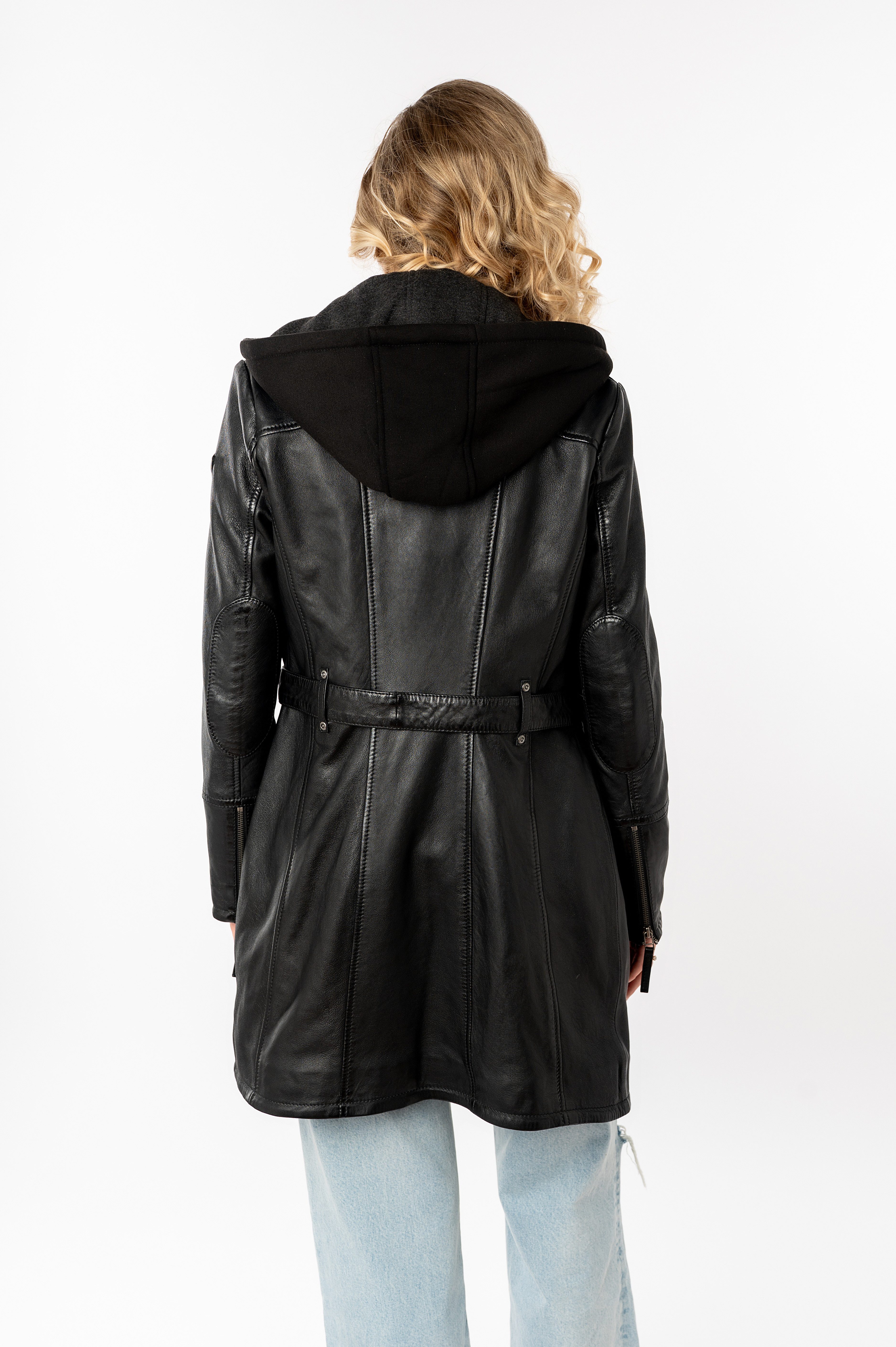 Mauritius Lange, leren jas Seneka2 met riem, afneembare jerseycapuchon en coole biker-details