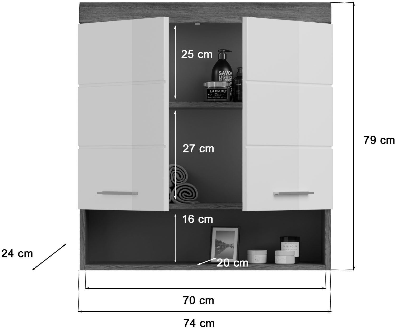 INOSIGN Hangend kastje Siena, breedte 74 cm, 2 deuren, 1 open vak, MDF-front in verschillende kleuren verkrijgbaar, badkamermeubels, badkamerkast, kast, badkamer