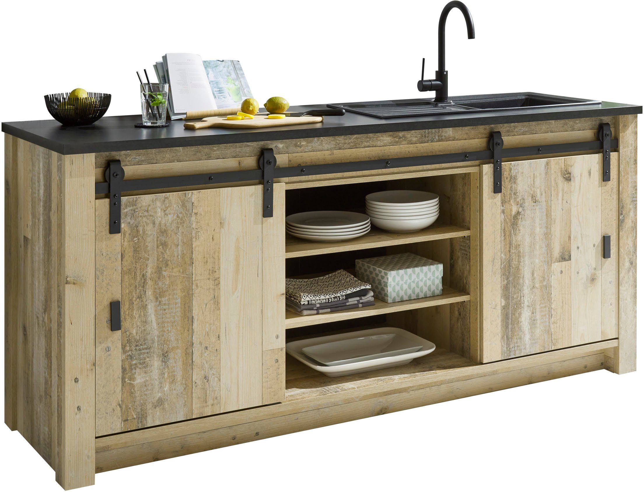 Home affaire Gootsteenkast Sherwood Breedte 201 cm, met schuurdeurbeslag van metaal