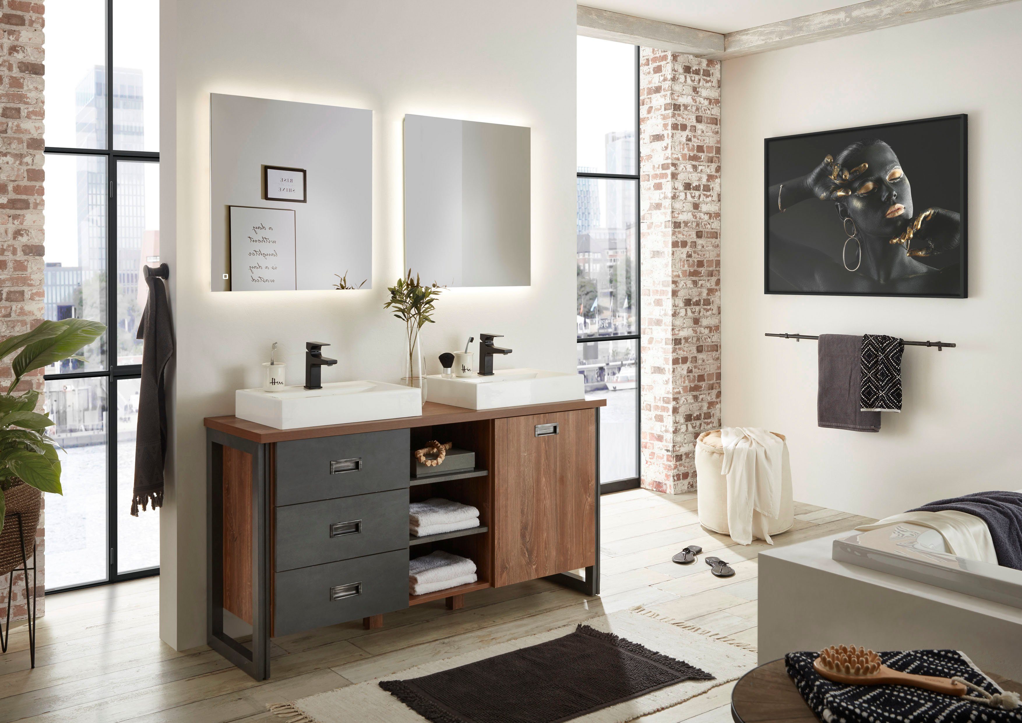 Home affaire Badkamerserie Detroit, Bad im Industrialdesign, inkl. LED, 2-teiliges Badezimmer (3-delig)