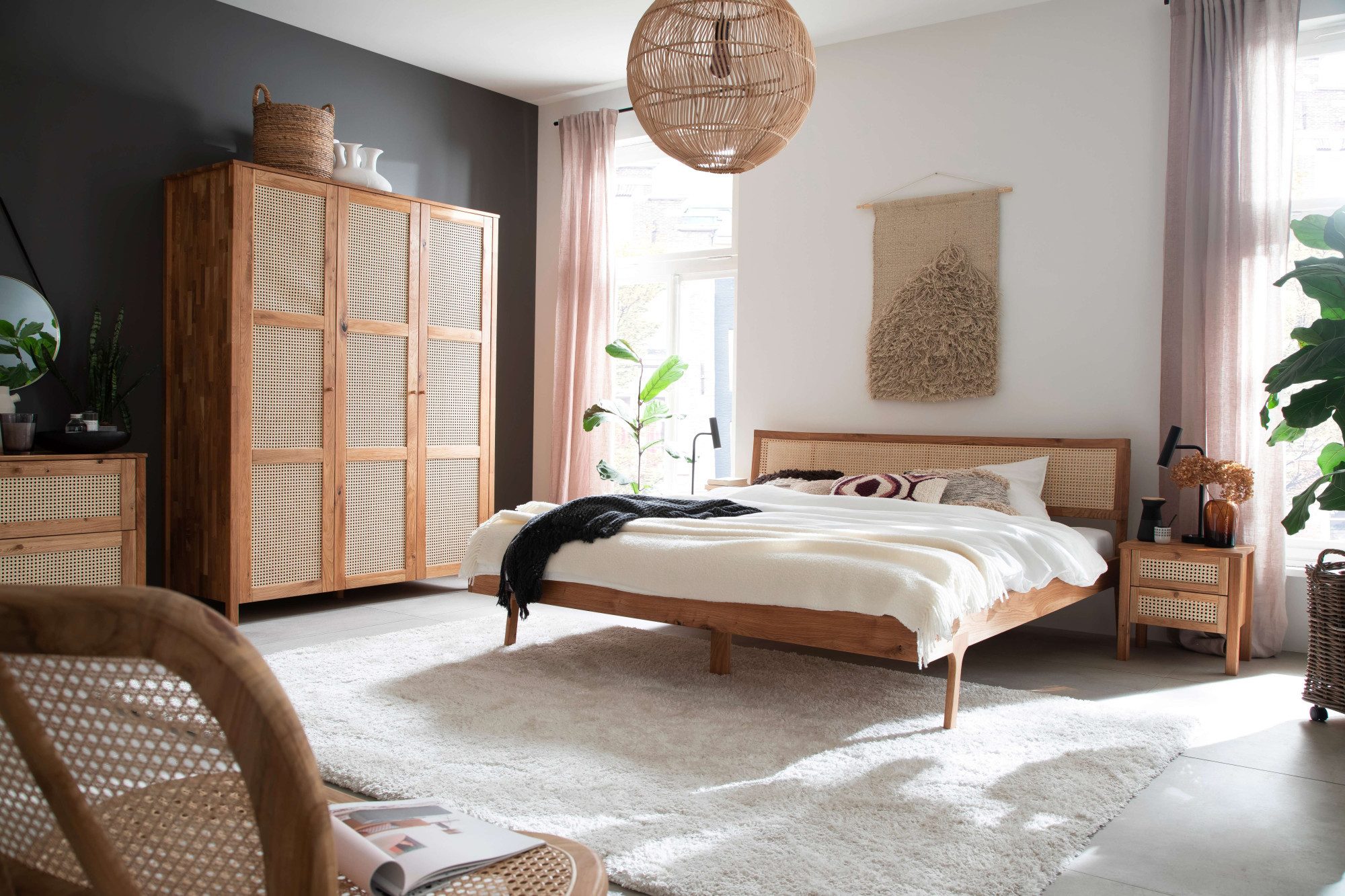 andas Bed Hällevik tweepersoonsbed, massief houten bed, OTTOs Choice, gezellige stijl massief fsc®-gecertificeerd eikenhout geolied, hoofdeinde met weens vlechtwerk
