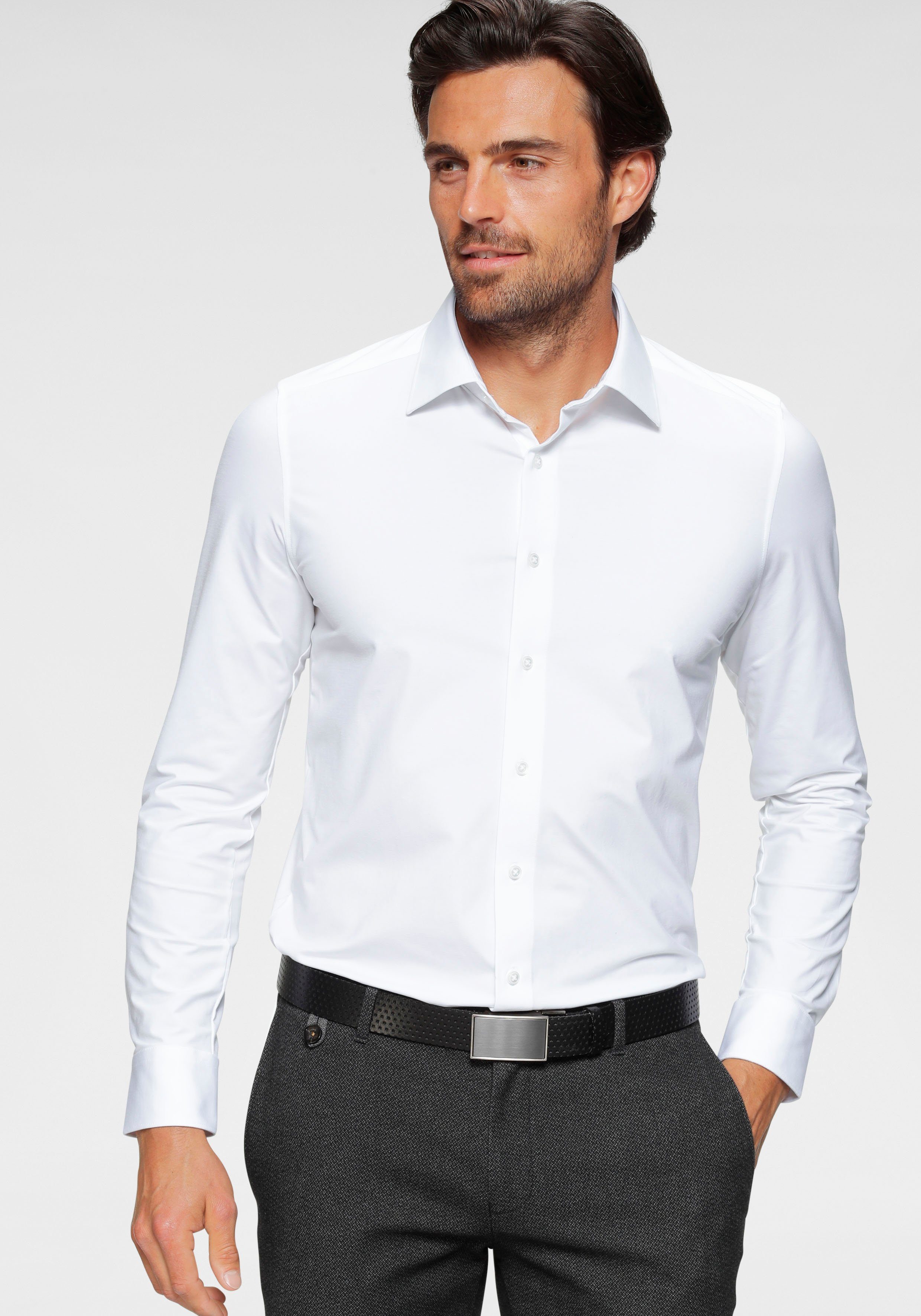 OLYMP Overhemd met lange mouwen Luxor 24/Seven modern fit jersey shirt met geurremmende materiaaleigenschappen heren overhemden maat 46 wit
