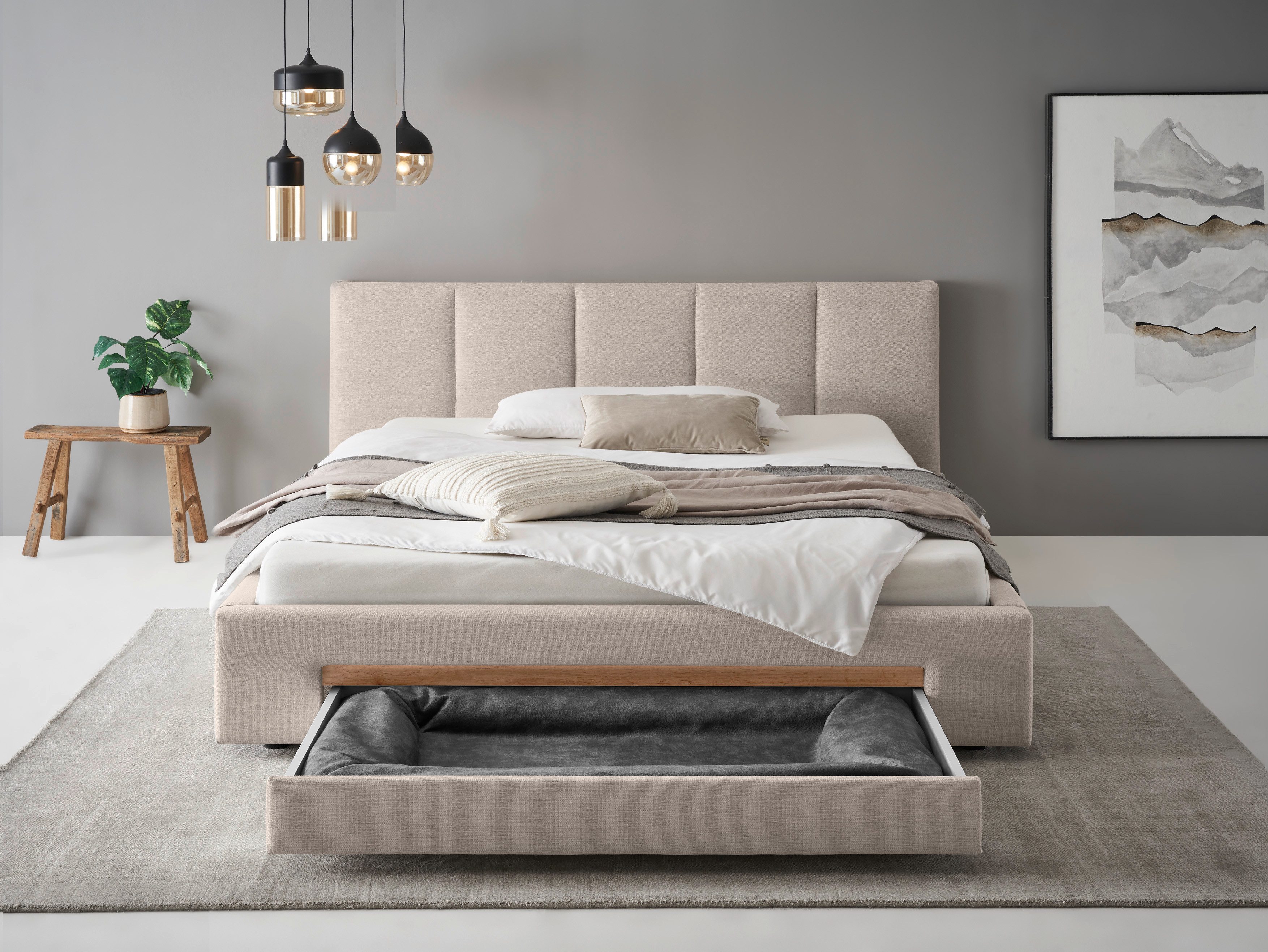 INOSIGN Gestoffeerd bed CiTY/GiRON, bedframe met bedlade, gestoffeerd opbergbed met hondenbed of opberglade, bekleding van corduroy of linnenlook