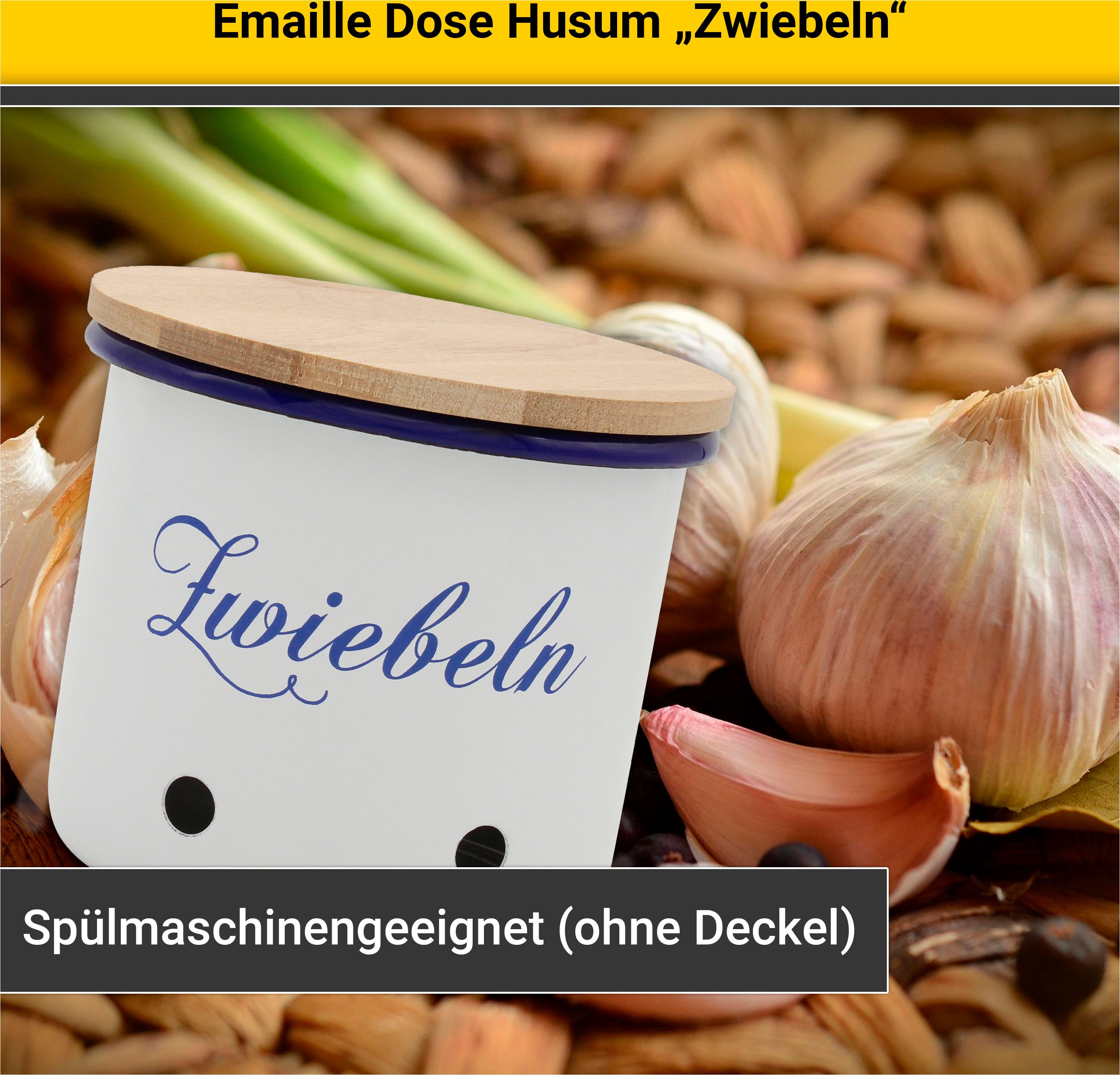 Krüger Voorraadbus Emaille voorraadbus Husum voor uien met houten deksel, 12 cm snij-/krassbestendige oppervlakte, bacteriewerend, extreem duurzaam (1-delig)