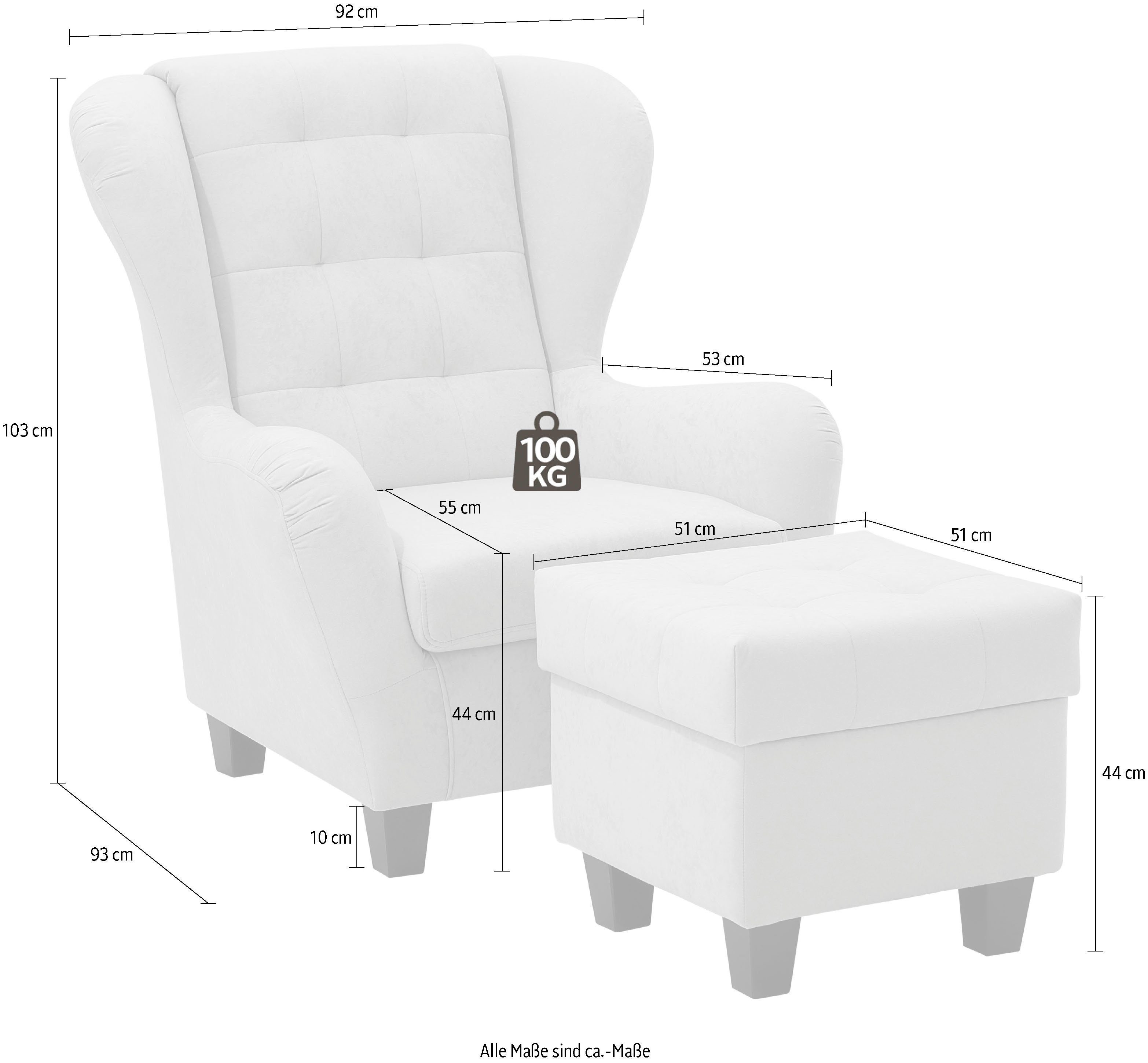 Home affaire Oorfauteuil Alexander incl. hocker, met stiksels, in vele kleuren (2 stuks)