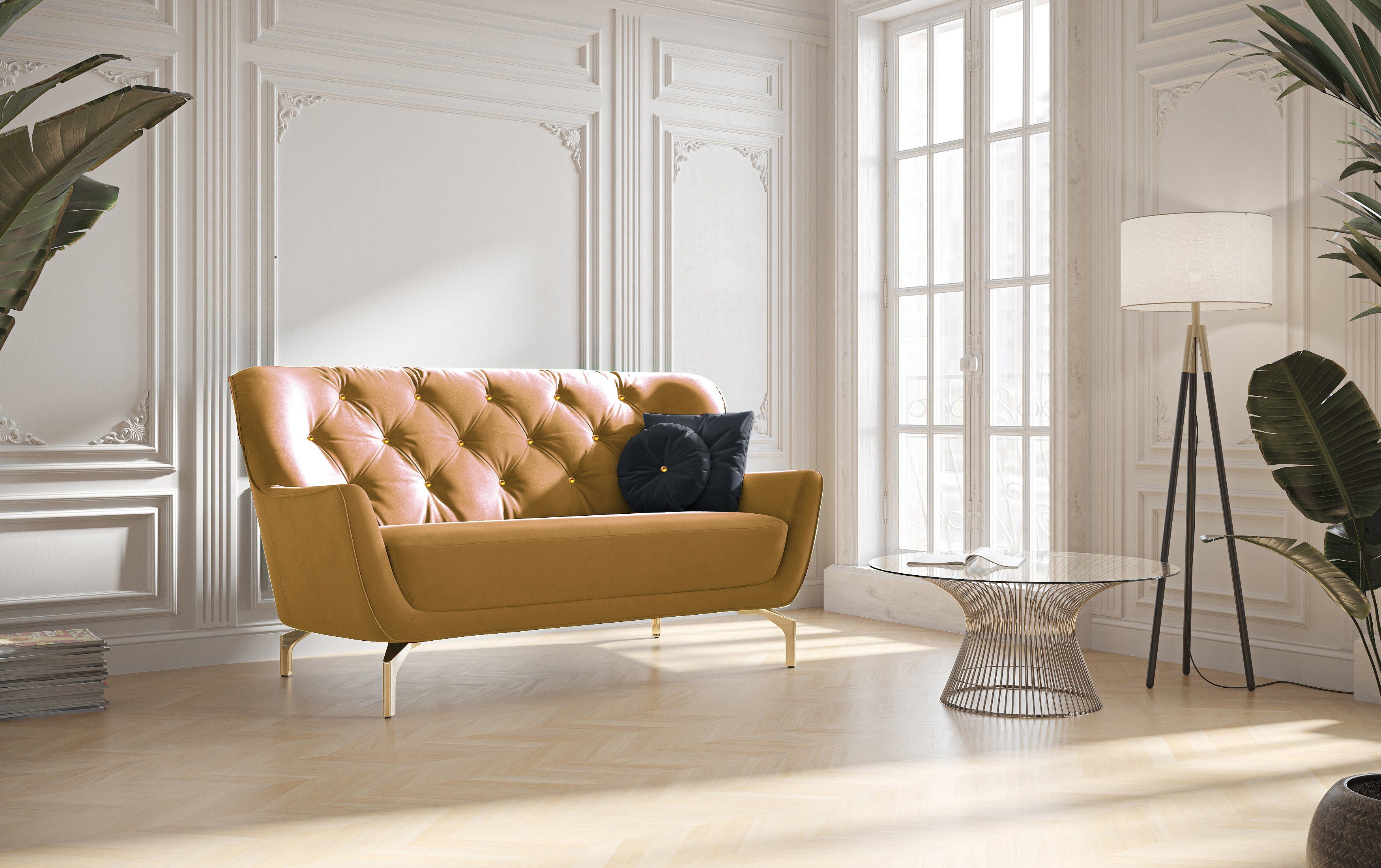 sit&more 2-zitsbank Orient 3 incl. 2 sierkussens met strassteentjes, goudkleurige metalen poten