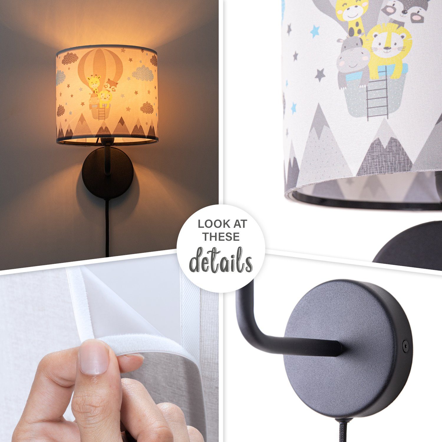 Paco Home Wandlamp Cosmo 343 Lamp kinderkamer stekker âˆ…18cm luchtballon dieren kabel 3m E14