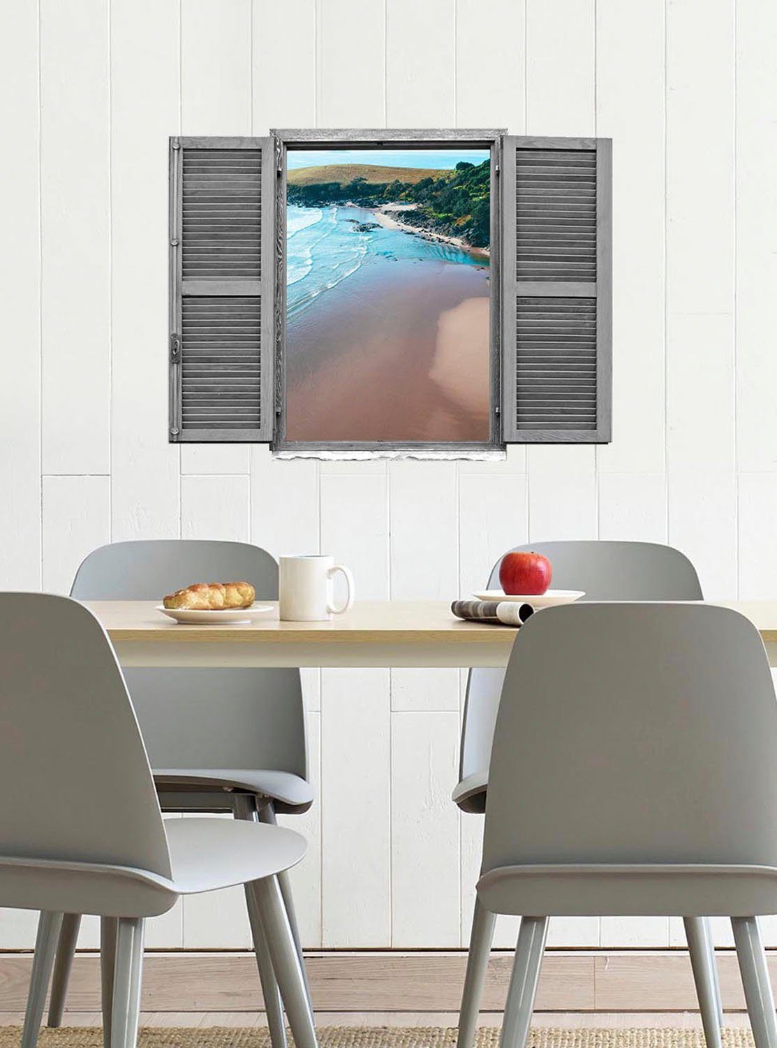 queence Wandfolie Strand Muursticker, muurdecoratie, zelfklevend, 3D, raam (1 stuk)