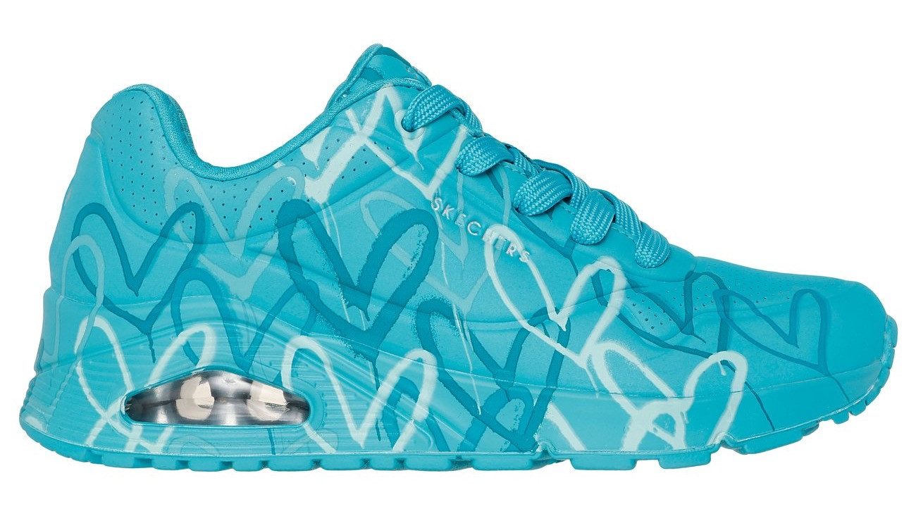 Skechers Sneakers met sleehak UNO-SPREAD THE LOVE Vrijetijdsschoen, lage schoen, veterschoen met coole graffiti-print